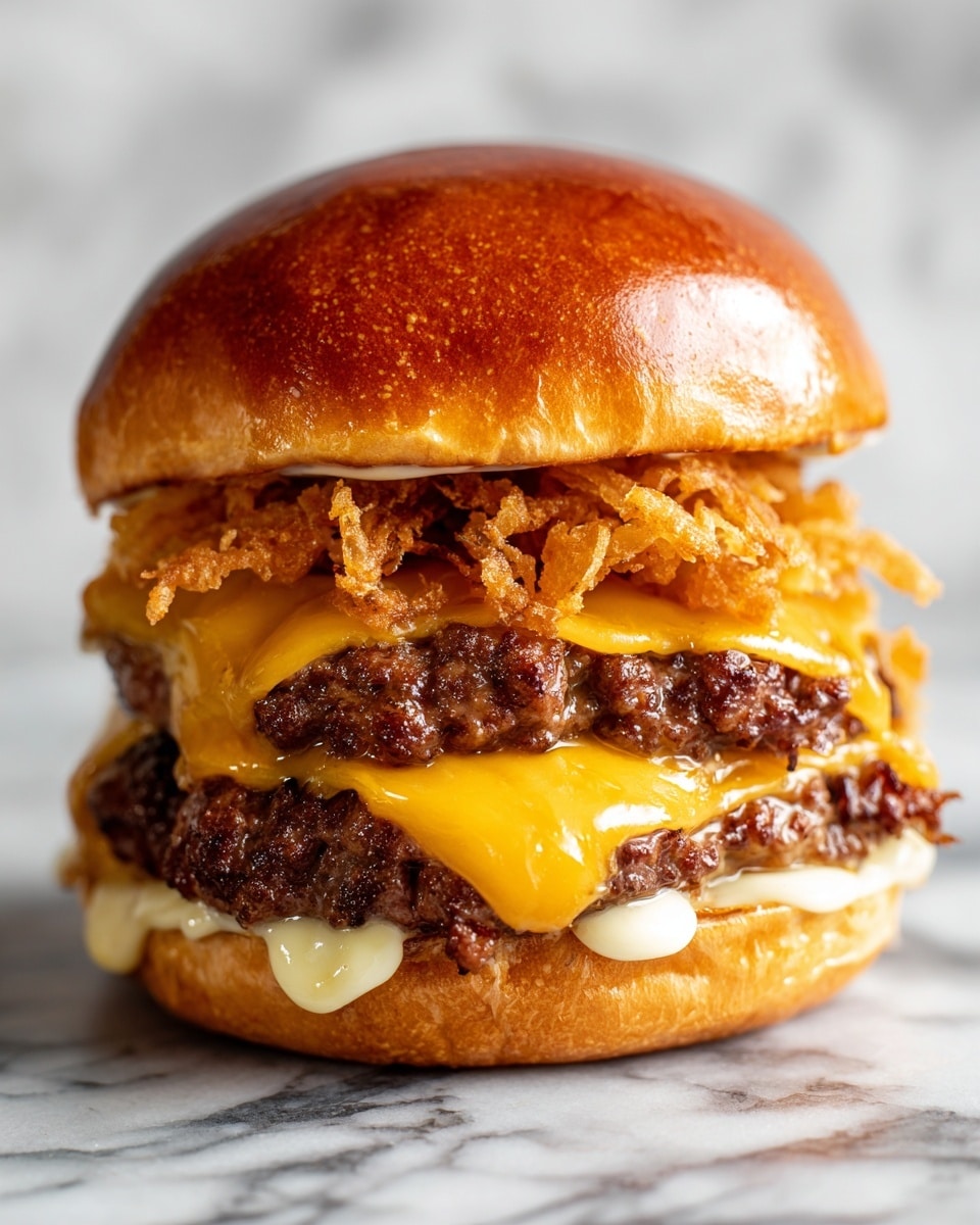 The image shows a close-up of two burgers on a white marbled surface, each with three layers of thick, juicy beef patties that are charred on the outside. Melted bright yellow cheese covers the patties and drips slightly down the sides. On top of the cheese, there is a layer of crispy, pale golden fried onions. The burgers are held together by soft, shiny, golden-brown buns with a smooth texture on top. The blurry background keeps the focus on the front burger. Photo taken with an iphone --ar 4:5 --v 7