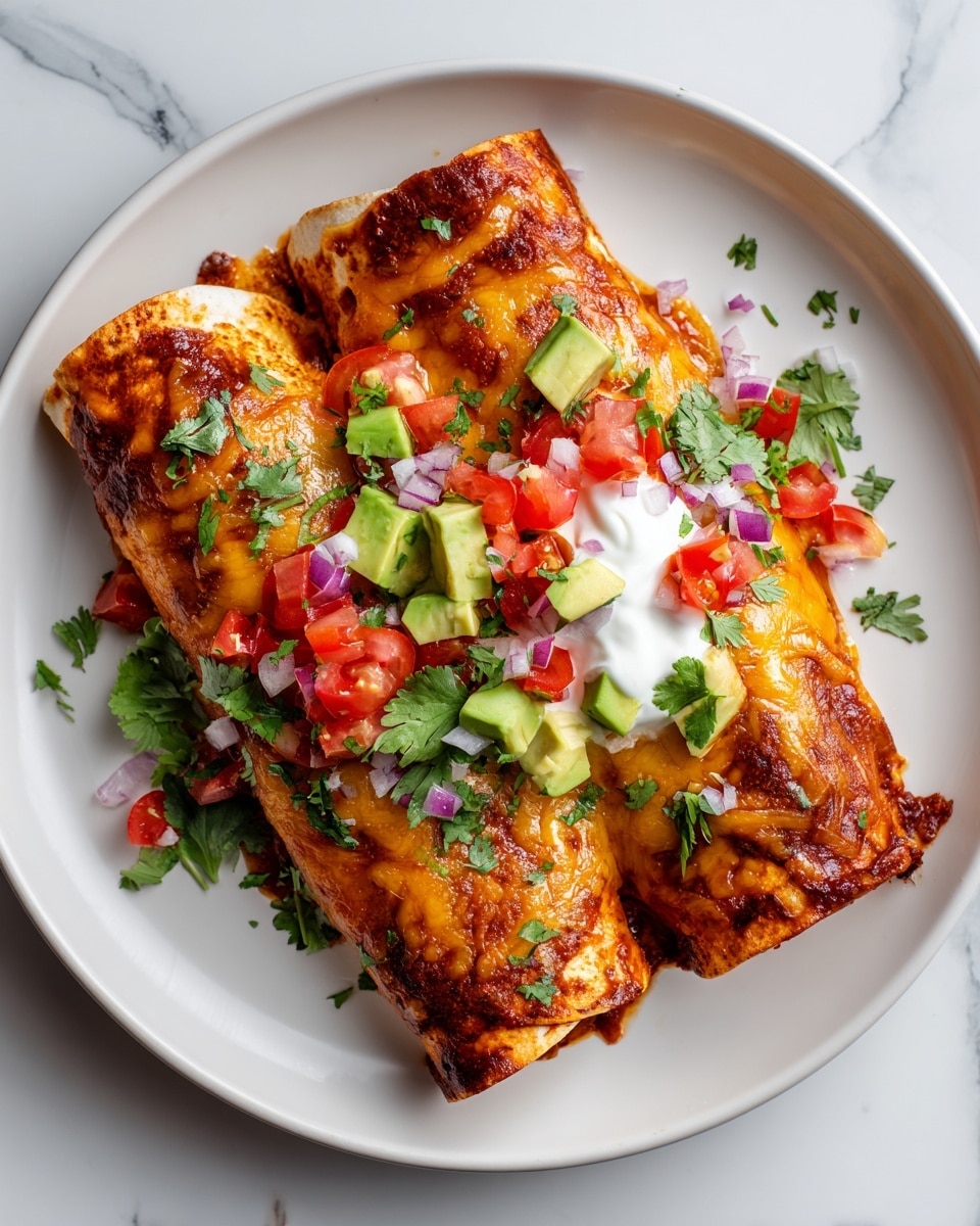 The image shows two rolled enchiladas placed side by side on a white plate, covered with melted golden-brown cheese that is slightly toasted on the edges. The enchiladas are topped with a dollop of white sour cream, small cubes of light green avocado, chopped red onions, diced red tomatoes, and a few pieces of fresh green cilantro scattered across the dish. The sauce under the cheese is a rich reddish-brown color, slightly visible around the edges of the enchiladas. The background is a white marbled surface. Photo taken with an iphone --ar 4:5 --v 7