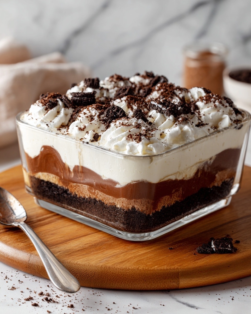 A clear glass dish shows a dessert with four layers: the bottom layer is dark and crumbly like crushed cookies, the second layer is thick and creamy white, the third layer is smooth and dark brown like chocolate pudding, and the top layer is white and fluffy cream sprinkled with crushed dark chocolate cookies all over. The dish sits on a round wooden board, placed on a white marbled surface. Photo taken with an iphone --ar 4:5 --v 7