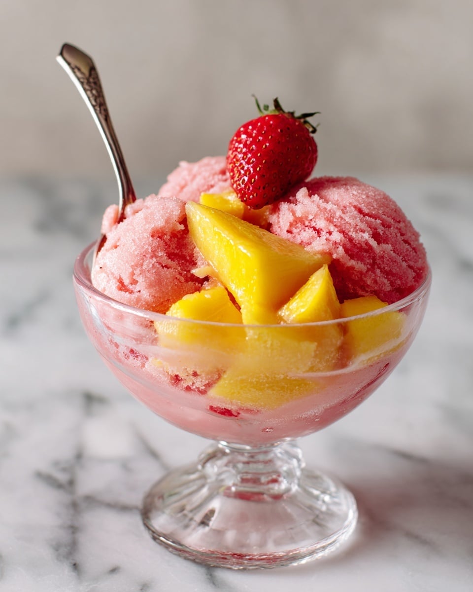 The image shows a clear glass bowl filled with three pinkish-orange scoops of sorbet at the base, which have a smooth and slightly frosty texture. On top of the scoops, there are small bright yellow mango chunks and one whole red strawberry placed in the center, adding a fresh and colorful contrast. A silver spoon is seen resting inside the bowl, held by a woman's hand, which touches the side of the bowl gently. The background has a white marbled surface providing a clean and elegant look. Photo taken with an iphone --ar 4:5 --v 7