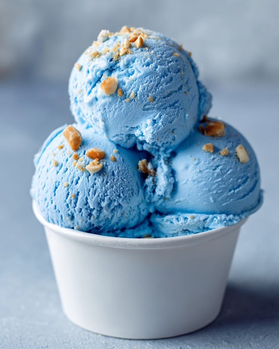 The image shows four scoops of light blue ice cream stacked in a white cup. The ice cream has a creamy texture with small bits sprinkled on top, adding a crunchy detail. The background is softly blurred, making the blue ice cream the main focus. The scene is bright and colorful, with the cup placed on a white marbled surface, giving a clean and fresh look. photo taken with an iphone --ar 4:5 --v 7