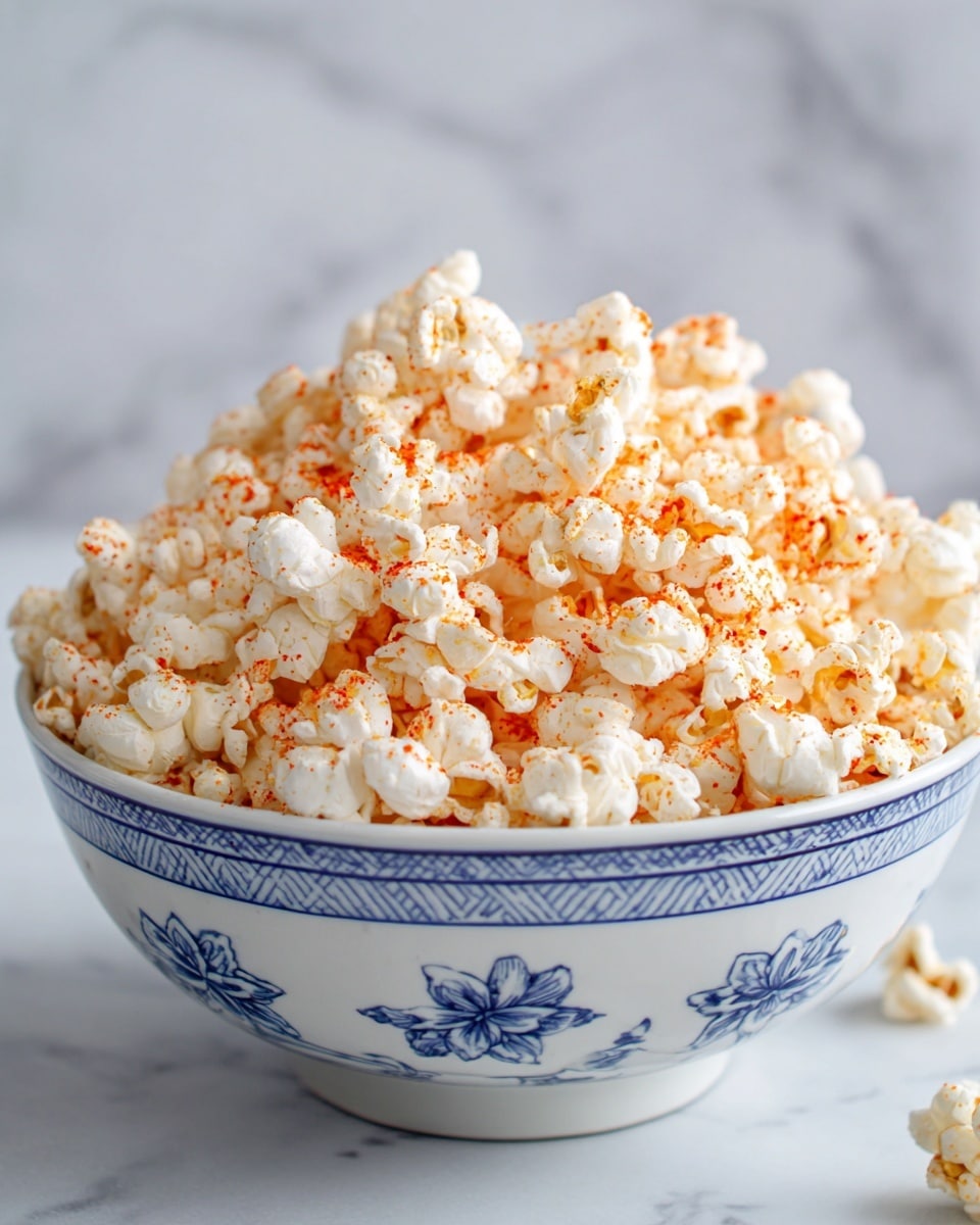 A white bowl with blue patterns is filled to the top with fluffy popped popcorn. The popcorn is bright white with a light yellow tint and is sprinkled generously with orange-red seasoning powder that covers the top layer unevenly. The bowl sits on a surface with a white marbled texture, and the focus is close, showing the crisp texture of the popcorn and some of the seasoning particles clearly. photo taken with an iphone --ar 4:5 --v 7