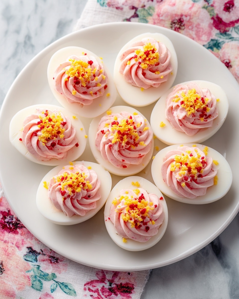 The image shows eight deviled egg halves arranged on a white plate with a light green floral pattern, placed on a white marbled surface. Each egg has a smooth white base layer, topped with a thick swirl of bright pink creamy filling in the center, decorated with small crumbles of yellow and dark pink garnish on top. The texture of the filling is smooth and piped neatly, creating a decorative, fresh look. Photo taken with an iphone --ar 4:5 --v 7