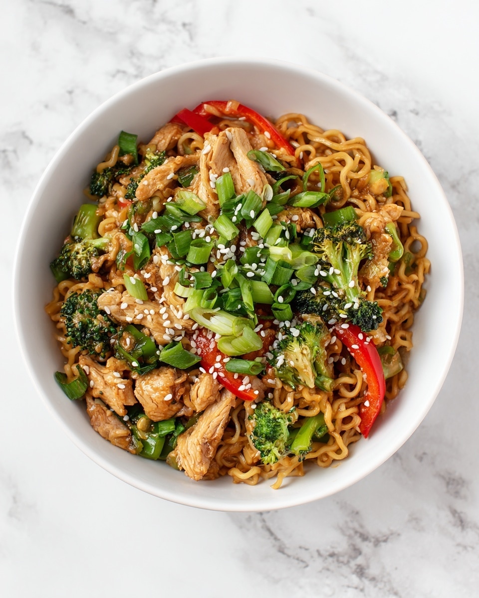 A bowl filled with stir-fried noodles mixed with pieces of cooked chicken, bright green broccoli florets, long red bell pepper slices, and green snap peas. The noodles are coated in a glossy brown sauce, weaving through the dish with a soft texture. The chicken pieces are light brown and tender, scattered evenly among the vegetables. Fresh chopped green onions and white sesame seeds are sprinkled on top, adding a fresh green color and small white accents. The bowl is white with a dark interior, set on a white marbled surface. Photo taken with an iphone --ar 4:5 --v 7