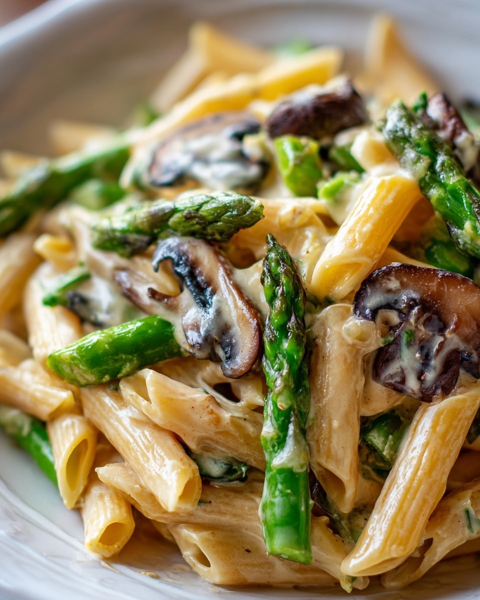 The image shows a close-up of creamy penne pasta served in a white bowl on a white marbled surface. The dish has three main layers: the bottom layer has short, tube-shaped pasta coated in a smooth, light cream-colored sauce. The middle layer includes bright green asparagus spears and sliced mushrooms, adding texture with their soft, slightly glossy look. The top layer has a sprinkle of finely chopped green herbs and a light dusting of black pepper, giving a fresh and slightly speckled finish. The colors are natural and appetizing with a mix of cream, green, and brown tones. Photo taken with an iphone --ar 4:5 --v 7