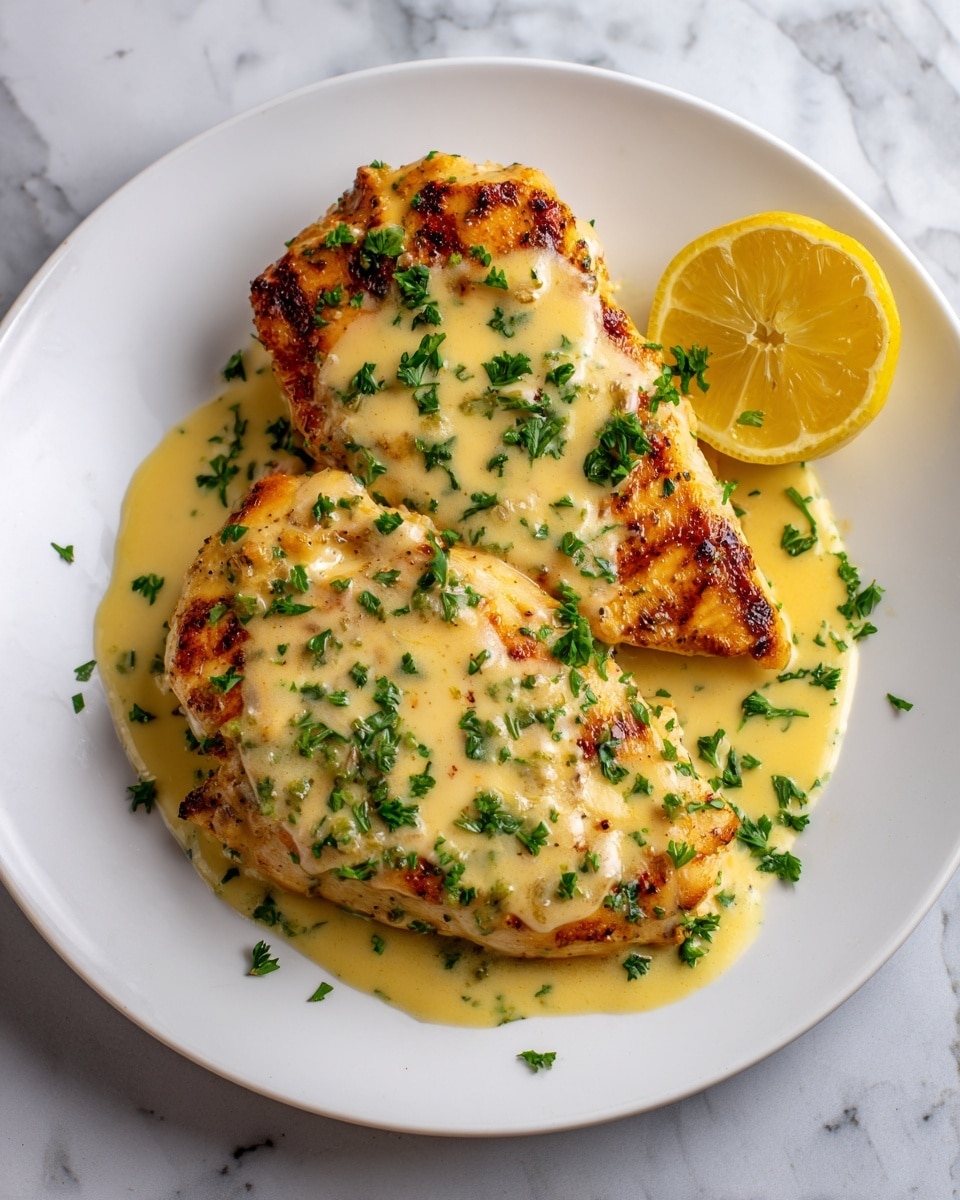 The image shows two pieces of golden brown grilled chicken with grill marks, topped with creamy light yellow sauce and sprinkled with small green parsley leaves. To the right of the chicken is half a yellow lemon with a textured surface. The background is a white marbled texture. photo taken with an iphone --ar 4:5 --v 7