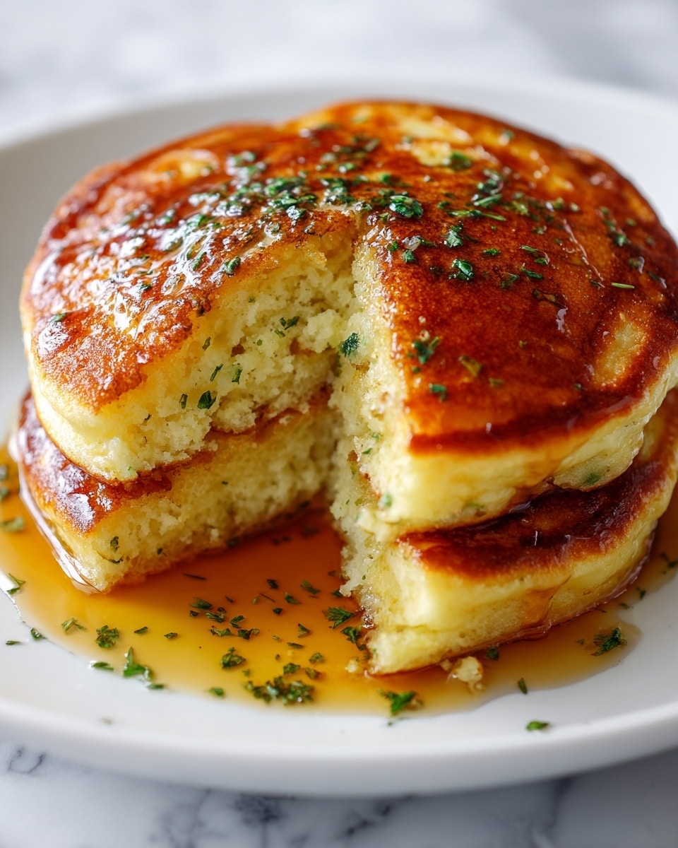 Two round, thick cakes stacked on a glossy white plate, each with a golden-brown, slightly crispy exterior and soft, pale yellow inside. The top cake has a bite taken out, showing a smooth, creamy texture with small pockets. Both cakes have small green herb pieces sprinkled evenly on top and around them. The plate rests on a white marbled surface, with a soft light reflecting on the shiny parts. photo taken with an iphone --ar 4:5 --v 7
