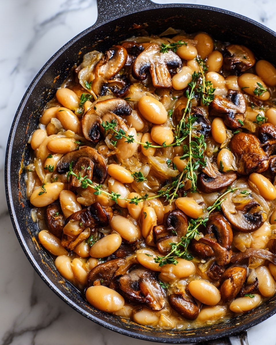 A close-up view of a creamy stew in a black pan, filled with light beige beans and dark brown slices of mushrooms scattered evenly throughout. The sauce is thick with a smooth, slightly glossy texture, speckled with fresh green herb sprigs on top that add a bright contrast. Small white salt crystals and cracked black pepper are lightly sprinkled over the dish, enhancing the texture. The black pan sits on a white marbled surface, highlighting the warm, earthy colors of the stew. photo taken with an iphone --ar 4:5 --v 7
