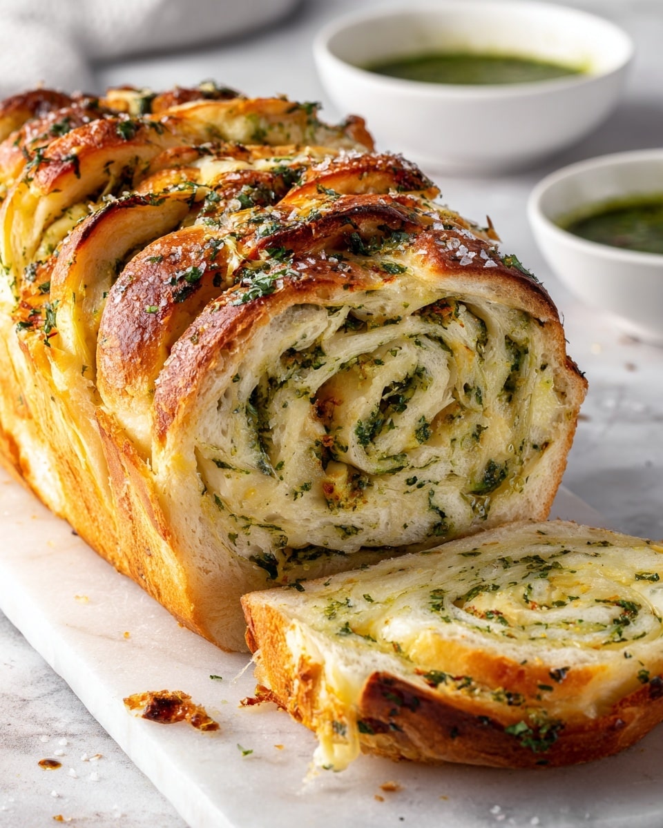 The image shows a golden brown garlic bread loaf sliced into pieces, with a glossy, crispy top sprinkled with chopped green herbs. Inside, there are three visible layers: a soft, fluffy bread layer with a light yellow cheesy layer mixed with finely chopped green herbs rolled inside, creating a swirl pattern. The bread texture looks airy, and the cheesy layer is melted and gooey. The loaf rests on a wooden surface, with a white bowl of green herb sauce blurred in the background. Photo taken with an iphone --ar 4:5 --v 7