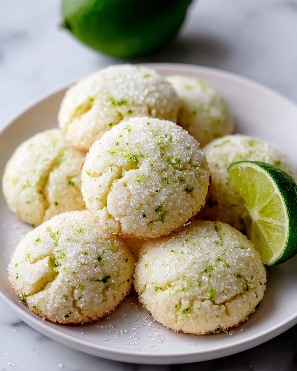 A white plate holds seven round lime cookies with sugar crystals on their textured surface, each cookie having a light golden color with small green lime zest specks spread out evenly. One cookie at the front shows a slight crack and a white granulated sugar coating, while a bright green lime wedge rests on the plate, leaning against one cookie. The plate is placed on a white marbled surface, with a whole lime in the blurred background. The light in the image is soft, highlighting the sugar sparkles and the subtle cracks on the cookie tops. photo taken with an iphone --ar 4:5 --v 7