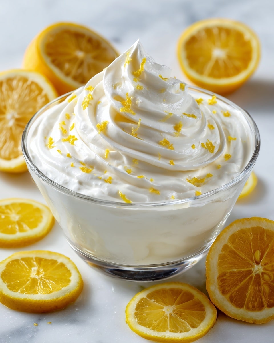 The image shows a clear glass bowl filled with white creamy yogurt on the bottom layer. The top layer is a thick swirl of whipped cream, bright white with a smooth, airy texture. Yellow lemon zest is sprinkled gently over the whipped cream, adding small specks of color. Around the bowl, there are several lemon halves and slices with vibrant yellow rinds and pale yellow interiors. The bowl is placed on a white marbled surface. photo taken with an iphone --ar 4:5 --v 7