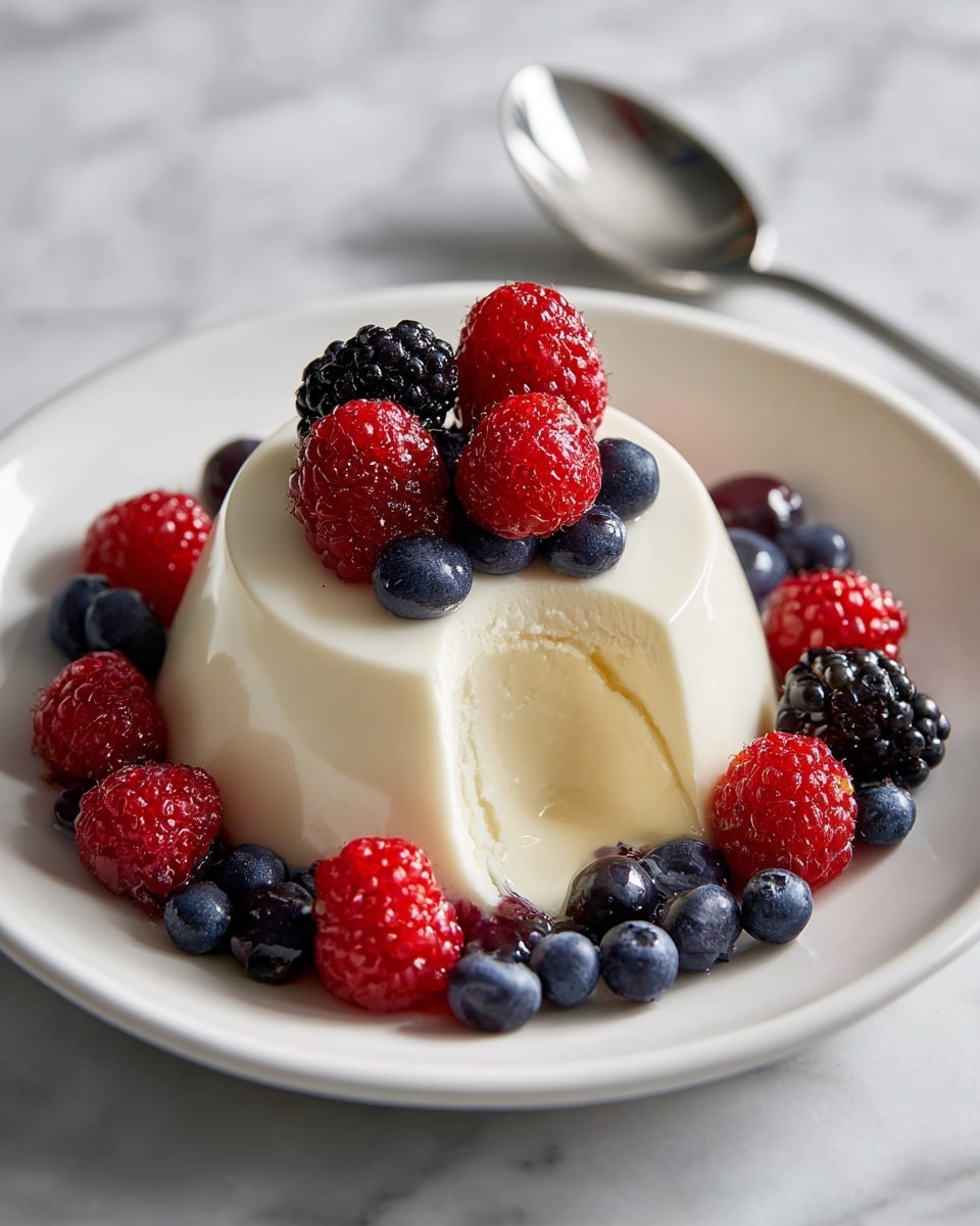 The image shows a smooth, creamy white panna cotta shaped like a rounded dome with a bite taken out of its front side. On top, there is a cluster of fresh red raspberries and dark blackberries forming a small colorful mound. Around the base of the panna cotta, alternating fresh blueberries and raspberries circle the dessert on a white plate. The background is a white marbled surface with a hint of green leaves blurred behind the plate. Photo taken with an iphone --ar 4:5 --v 7