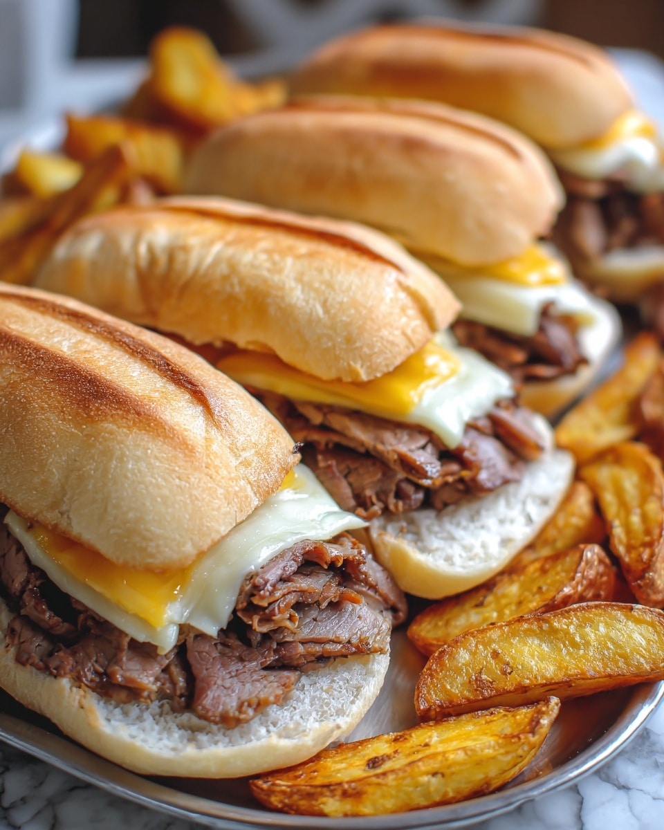 A close-up view of a sandwich filled with thin, cooked brown beef slices mixed with melted, creamy white cheese inside a soft, white bun that has been toasted and browned slightly on the edges. The sandwich is placed on a white tray with several thick, golden-brown potato wedges scattered around it. In the background, more sandwiches with similar fillings are visible, slightly out of focus. The scene is set on a white marbled surface. photo taken with an iphone --ar 4:5 --v 7