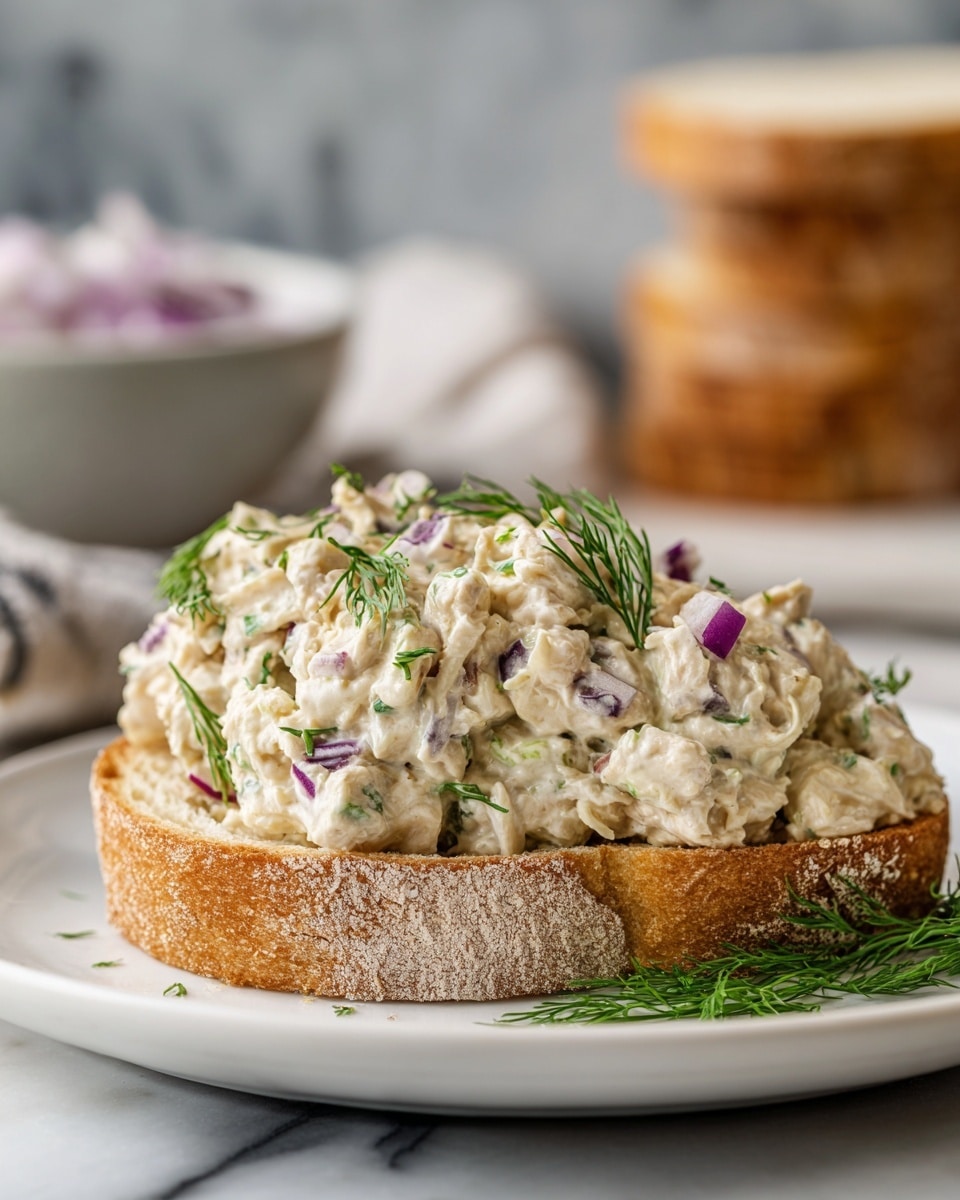 A thick slice of white bread sits on a white plate with a white marbled background. On top, there is a creamy chicken salad made of white shredded chicken mixed with small bits of purple onion and green herbs, giving it a textured and fresh look. The salad is piled high, almost overflowing from the bread, and garnished with sprigs of fresh dill on top. In the blurry background, there are stacked slices of bread and a small bowl with chopped purple onions. The photo taken with an iphone --ar 4:5 --v 7