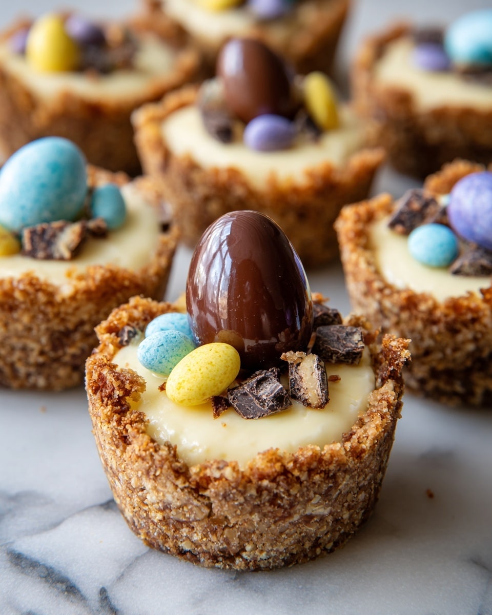 A group of small cupcake-shaped desserts with a crumbly golden-brown base and a thick layer of smooth, pale yellow frosting on top. Each cupcake is decorated with a round chocolate egg in the center, surrounded by tiny, colorful candy pieces in yellow, light blue, and chocolate brown scattered around the frosting. The cupcakes are placed on a white marbled surface, arranged closely but not touching. photo taken with an iphone --ar 4:5 --v 7