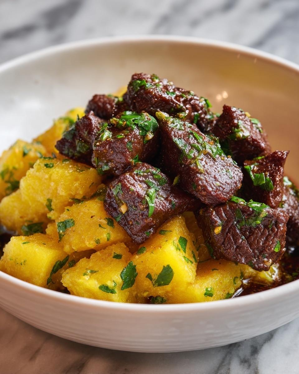 Close-up image of a stew with two main layers: the bottom layer is a rich, dark brown sauce with a glossy texture, covering the base of a white bowl. On top of the sauce, there are chunks of browned beef with a rough, slightly sticky surface, arranged evenly among halved golden-yellow potatoes with smooth skins. Both beef and potatoes are sprinkled with small pieces of chopped green herbs, adding specks of fresh green color. The white bowl contrasts with the colors of the stew, and the background is a white marbled texture. photo taken with an iphone --ar 4:5 --v 7