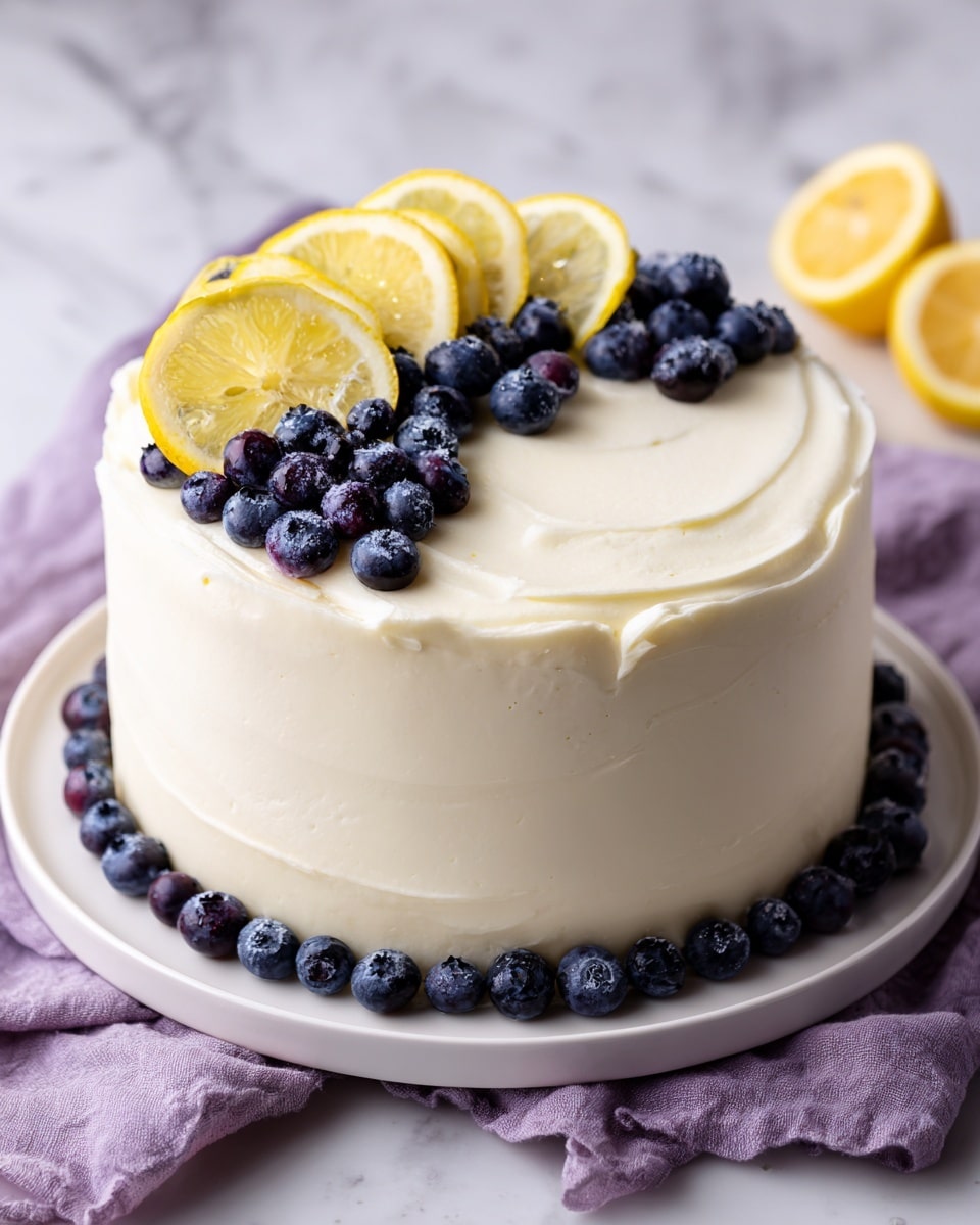 A round cake with two visible layers covered smoothly in thick creamy white frosting sits on a white plate. Around the base, a ring of plump, dark blue blueberries is evenly placed, while the top edge is crowned with another circle of blueberries. In the center on top, three bright yellow lemon slices stand upright, showing the white and yellow details of the lemon flesh and rind. The cake is set on a soft, wrinkled purple cloth, with the background being a white marbled texture. photo taken with an iphone --ar 4:5 --v 7