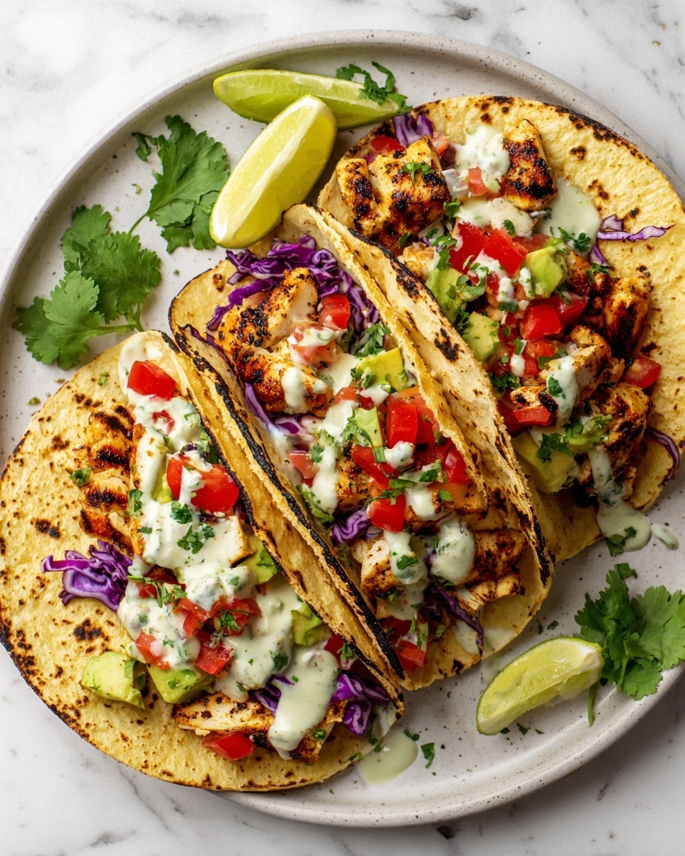Three soft corn tortillas, each lightly charred and folded, are filled with layers of grilled chicken pieces that have dark grill marks. On top of the chicken is a layer of chopped purple cabbage, followed by diced bright red tomatoes. There are small dollops of light green avocado and fresh green cilantro leaves scattered inside each taco. A pale creamy sauce is drizzled over all the tacos. The tacos are placed on a white plate with a wedge of lime and some cilantro leaves beside them, all set against a white marbled texture. photo taken with an iphone --ar 4:5 --v 7