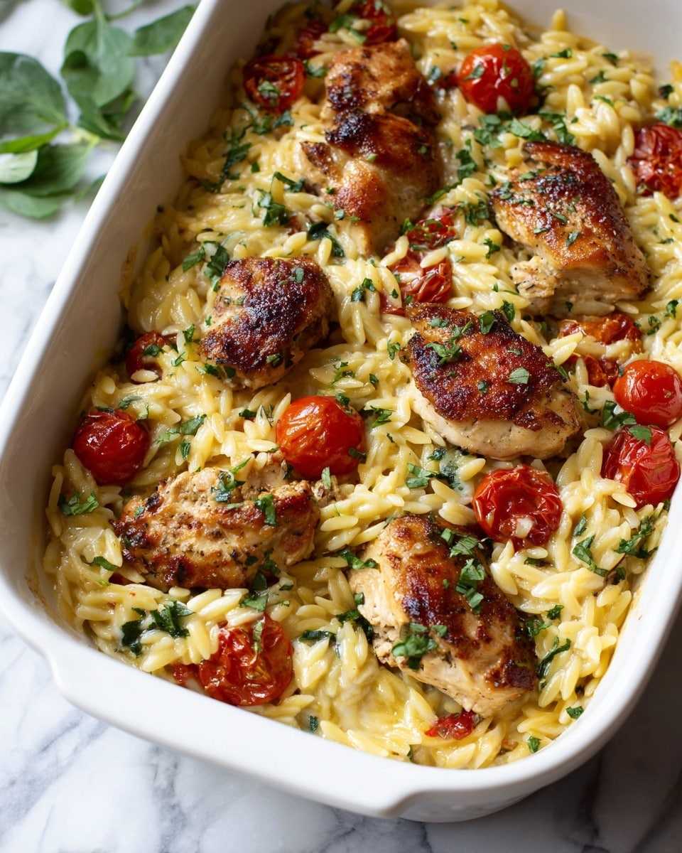 A white baking dish filled with a layered meal, starting with a base layer of small, light golden orzo pasta mixed with herbs, giving a slightly creamy texture. On top, there are several pieces of cooked chicken with a browned, slightly crispy skin, mostly whole or large chunks spread evenly. Scattered throughout the dish are bright red roasted cherry tomatoes, adding a pop of color. Finely chopped fresh green herbs are sprinkled over the entire dish, adding freshness and contrast. The dish is placed on a white marbled surface. Photo taken with an iphone --ar 4:5 --v 7