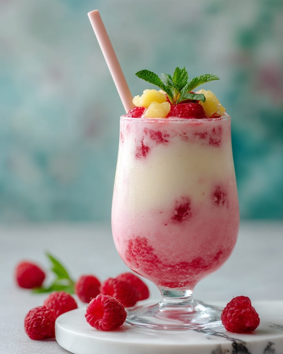 The drink is shown in a clear tulip-shaped glass with two main layers: the bottom layer is light pink with whole raspberries suspended inside, and the top layer is creamy white, slightly frothy. At the rim of the glass, there are fresh raspberries, small yellow fruit chunks, and a green mint leaf garnish, with a pink straw on the right side. The glass sits on a white marbled surface with some loose raspberries around its base, and a blurred second glass with a similar drink can be seen in the background. photo taken with an iphone --ar 4:5 --v 7