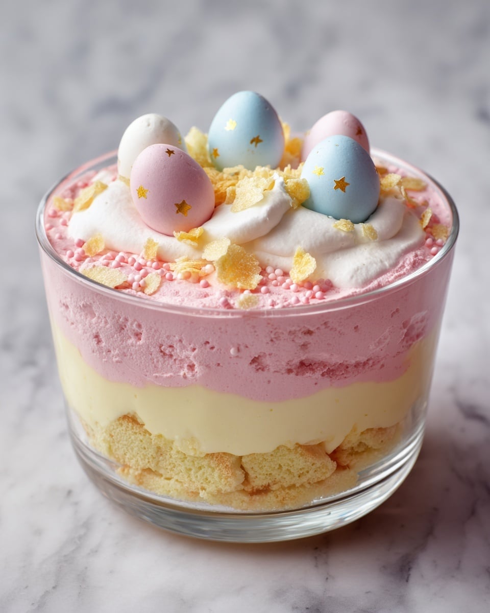 A clear glass bowl holds a layered dessert with three main layers visible: the bottom layer is a light yellow cake base with a soft texture, the middle layer is a thick pink mousse with a smooth yet slightly crumbly surface, and the top layer is white whipped cream spread unevenly. On top of the whipped cream, there are pastel-colored egg-shaped candies in blue, pink, and white, some blue ones decorated with small gold star and pink speckle patterns. Yellowish cream-flavored flakes are scattered among the eggs, adding texture. The bowl sits on a white marbled surface, surrounded by pastel blue, pink, and yellow eggs on small white plates and in the background. Photo taken with an iphone --ar 4:5 --v 7