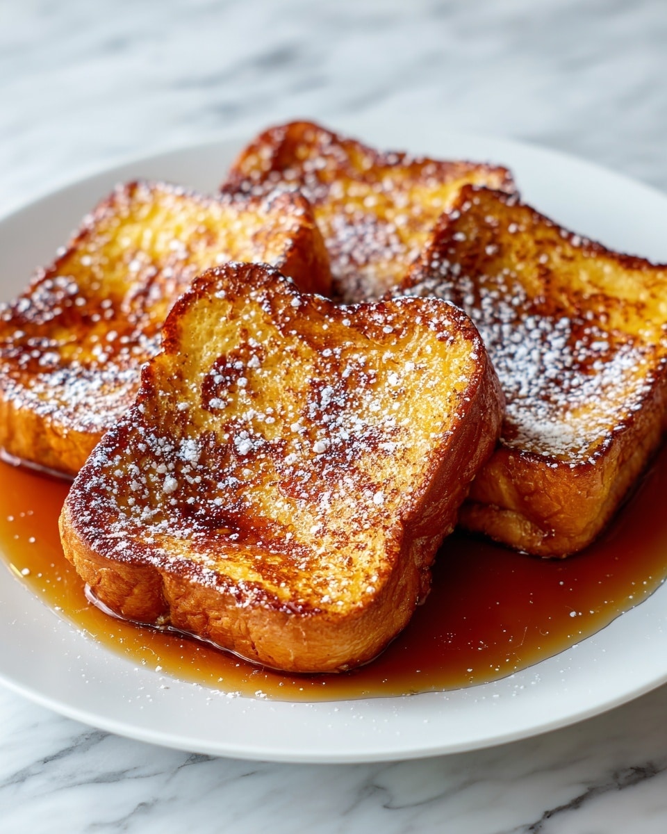 The image shows four thick, golden-brown slices of French toast arranged closely together on a plate, each piece having a slightly crispy texture with soft interiors visible at the edges. The toast is sprinkled with light brown cinnamon powder evenly over the top, and a layer of smooth, dark syrup pools around the base of the slices, adding a glossy shine. The background is a white marbled texture that highlights the warm colors of the dish. Photo taken with an iphone --ar 4:5 --v 7