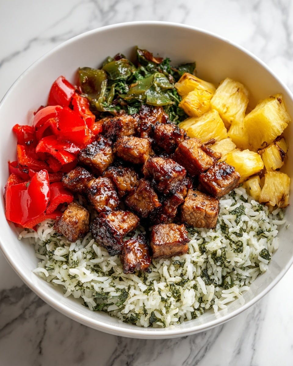 The image shows a round white bowl filled with layers of colorful food on a white marbled surface. The bottom layer is white rice with green herbs mixed in, covering the whole base. On top, there are golden-brown grilled chicken pieces with a glazed look, arranged near the center. Around the chicken, there are chunks of bright yellow pineapple and small diced orange bell peppers on one side, and green bell pepper pieces on the other side, each color separated clearly. The ingredients look fresh and vibrant, with a glossy finish on the grilled chicken and pineapple. photo taken with an iphone --ar 4:5 --v 7