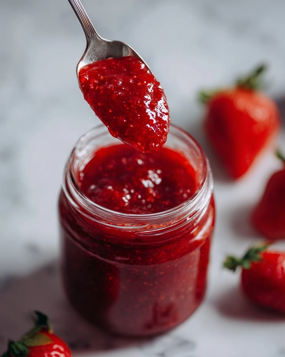 The image shows a close-up of a glass jar filled with bright red strawberry jam. The jam looks thick and smooth with small visible pieces of strawberry inside, giving it a slightly chunky texture. A silver spoon is dipped into the jar, holding a scoop of the jam that glistens under the light. The background is blurred but shows hints of fresh strawberries. The jar sits on a white marbled surface. Photo taken with an iphone --ar 4:5 --v 7