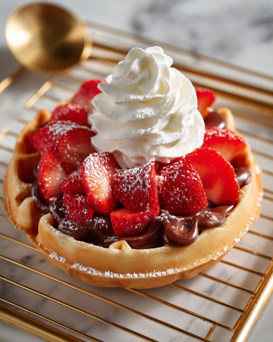 The image shows small round waffles placed on a gold cooling rack over a white marbled surface. Each waffle has a golden-brown base with a soft, slightly crispy texture. On top, there is a layer of smooth dark chocolate spread filling the waffle squares. Over the chocolate, several bright red strawberry slices are arranged in a slightly overlapping pattern. Finally, a large dollop of white whipped cream with a swirled texture sits on top of the strawberries. In the background, a whole red strawberry and a gold spoon are visible but slightly blurred. Photo taken with an iphone --ar 4:5 --v 7