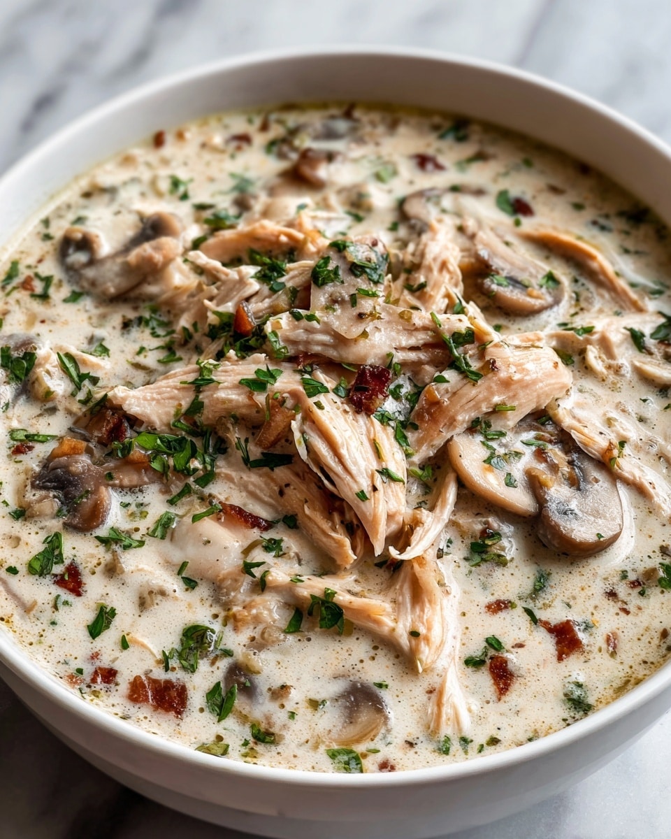 A white bowl filled with creamy soup that has a light beige color, with slices of brown mushrooms and pieces of shredded chicken visible throughout. The soup looks thick and smooth, with small green herb bits sprinkled on top. The bowl sits on a white marbled surface. Photo taken with an iphone --ar 4:5 --v 7