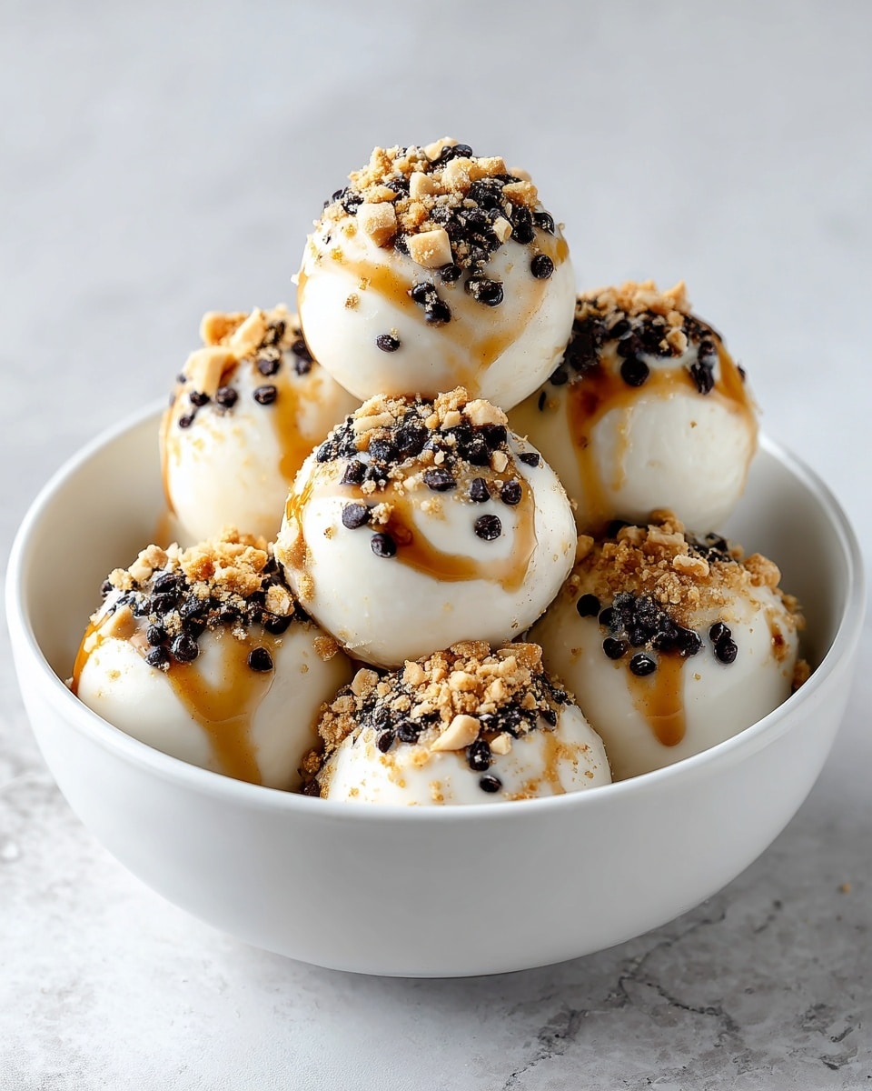 A white ceramic bowl is filled with round bites that have a smooth creamy white outer layer. Each bite is partially dipped in dark chocolate on top, holding crushed nuts and tiny dark chocolate chips, creating a mix of rough and smooth textures. A drizzle of light brown peanut butter adds a sticky, glossy look over each piece, with extra nut pieces scattered on them and around the bowl. The bowl sits on a white marbled surface, showing a cozy and delicious snack arrangement. Photo taken with an iphone --ar 4:5 --v 7