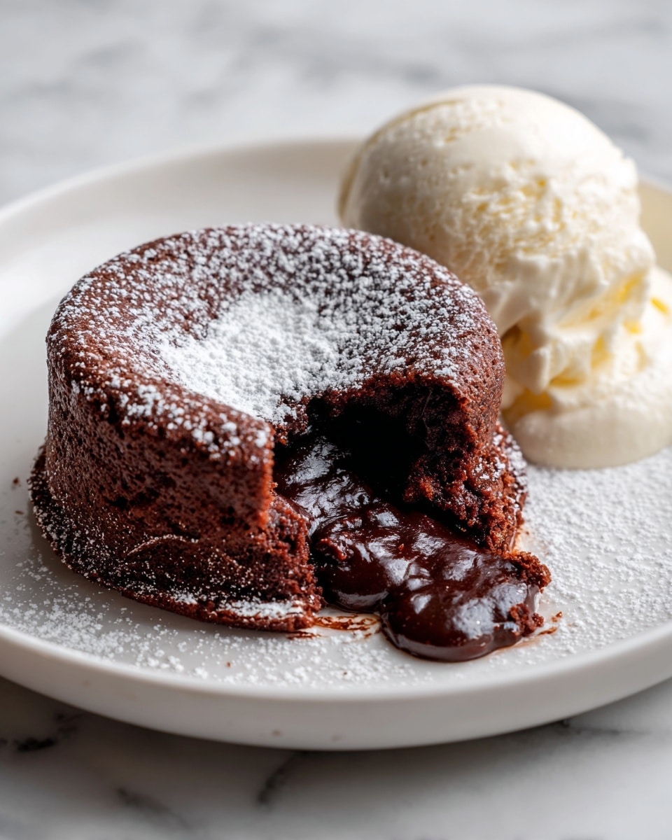 The image shows a chocolate lava cake on a white plate with a bite taken out, revealing hot, flowing dark chocolate inside. The cake is round with a slightly cracked top dusted with powdered sugar, and the outer layer is a rich, dark brown with a soft texture. Next to the cake on the plate, there is a scoop of off-white vanilla ice cream with a smooth creamy surface. The plate is placed on a white marbled surface. Photo taken with an iphone --ar 4:5 --v 7