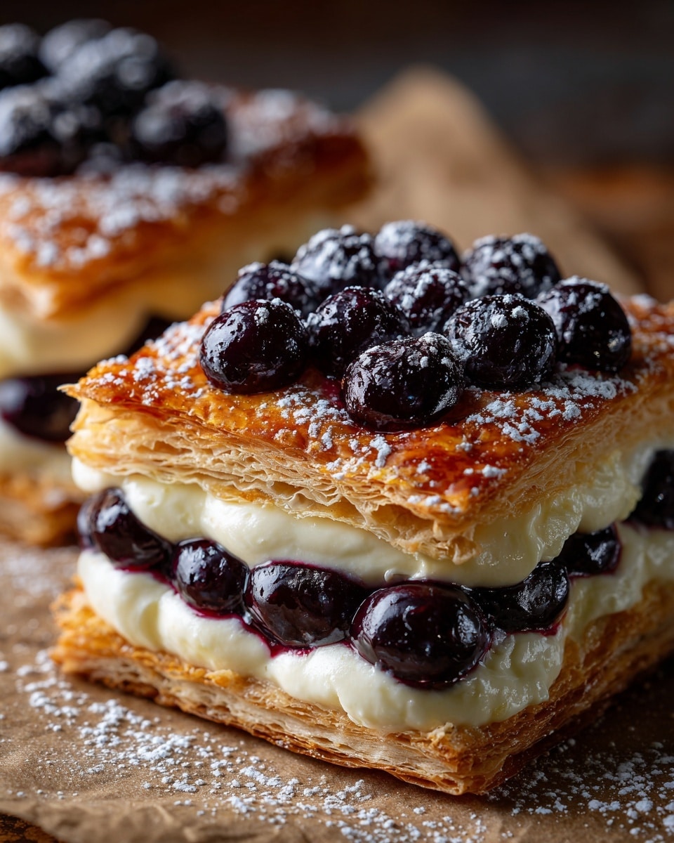 The image shows a close-up of a flaky, golden-brown pastry with three clear layers. The bottom layer is the light, crispy pastry base; the middle layer is creamy white custard filling, smooth and thick; the top layer is the folded, golden puff pastry sprinkled with powdered sugar and topped with fresh, dark blue blueberries, some of which have a shiny, juicy texture. More pastries with similar toppings are blurred in the background on a piece of brown parchment paper, all set against a white marbled surface. Photo taken with an iphone --ar 4:5 --v 7