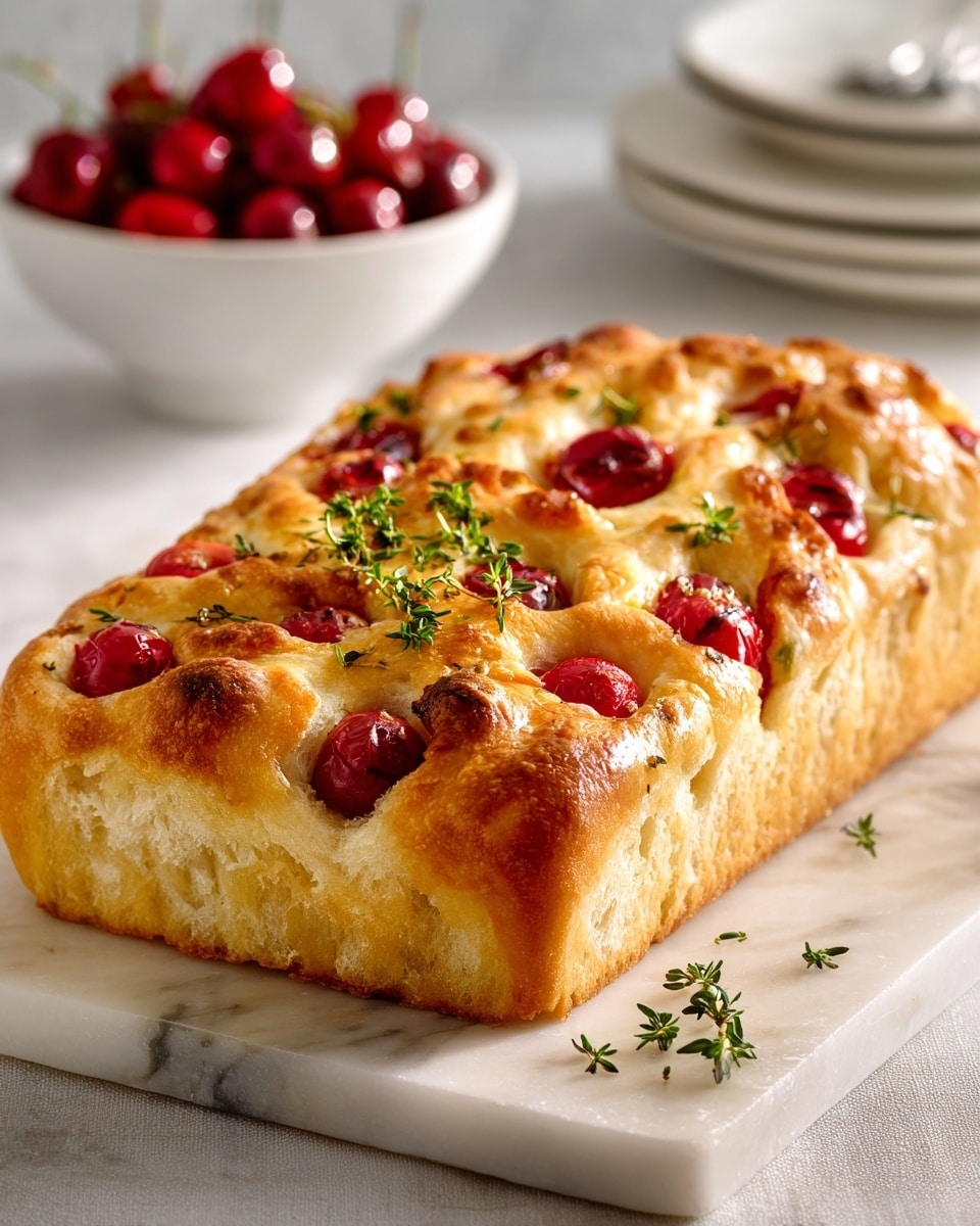 The image shows a rectangular focaccia bread with a golden brown, shiny crust that looks soft and slightly puffy. There are small round indentations across the top surface, each filled with a bright red cherry or similar fruit jam, giving a contrast of glossy red spots against the warm beige-brown bread. A small green sprig of fresh thyme lies on top at the center, adding a touch of color and texture. The focaccia is placed on a white marbled surface, with a blurred bowl of red cherries and stacked white plates in the background. The lighting highlights the bread's glossy and slightly oily texture, making it look fresh and appetizing. photo taken with an iphone --ar 4:5 --v 7