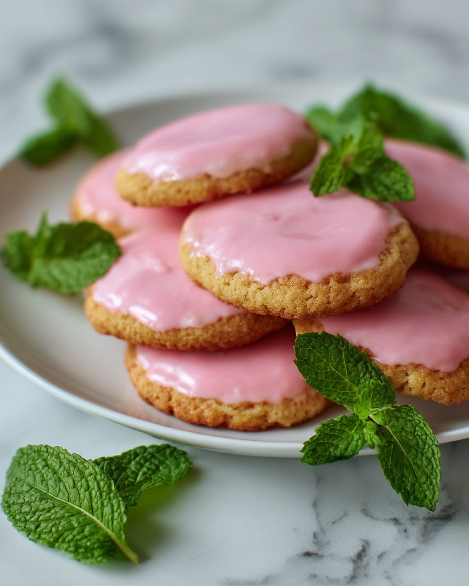 A white plate with several soft round cookies stacked on it, each cookie having a golden-brown base layer with a smooth, shiny pink icing layer on top. Fresh green mint leaves are scattered around and on the cookies, adding contrast. The background is a white marbled texture. Photo taken with an iphone --ar 4:5 --v 7