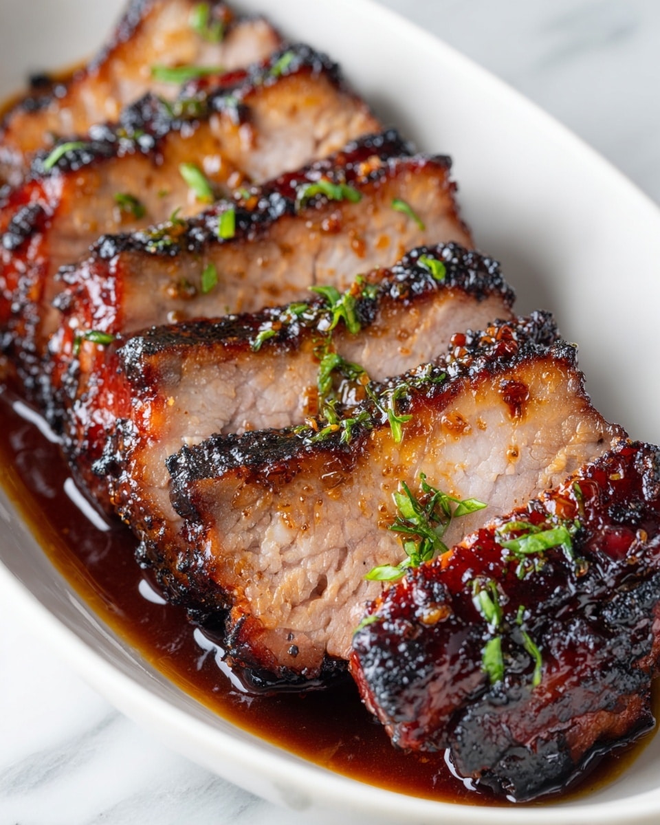 The dish shows several pieces of sliced grilled meat arranged in one layer on a clean white plate. The meat has a shiny, caramelized surface with a rich reddish-brown color and charred black spots, indicating it is well-cooked and glazed, with visible small green herbs sprinkled on top. The inside of the meat is lighter in color, showing a juicy, tender texture. A small amount of sauce or glaze spreads slightly around the base of the meat. The background is a white marbled texture, adding a clean and elegant look. photo taken with an iphone --ar 4:5 --v 7