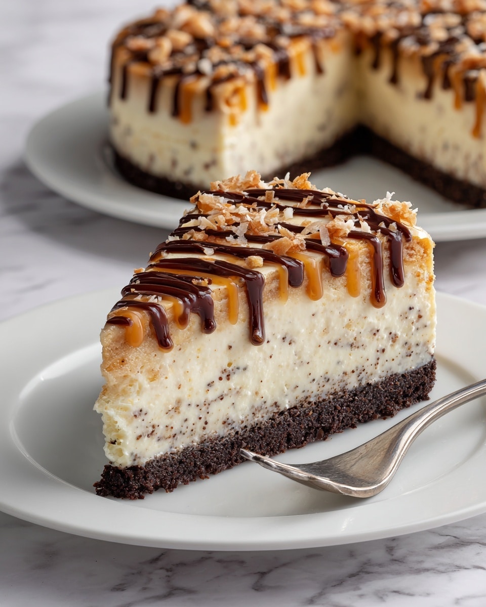 The image shows a cheesecake with three main layers. The bottom layer is a dark chocolate crumb crust, rough in texture and thick. Above it is a creamy, pale yellow cheesecake layer, smooth and thick. The top layer is a generous mix of chopped nuts and toasted coconut in a shiny caramel glaze, creating a rough and sticky surface. Drizzled evenly over the top in parallel lines are dark brown chocolate and golden caramel sauces, adding contrast and shine. A slice of the cheesecake is placed on a white plate on a white marbled surface, with a silver fork beside it. The colors are warm and inviting, and the textures vary from smooth to crunchy. Photo taken with an iphone --ar 4:5 --v 7