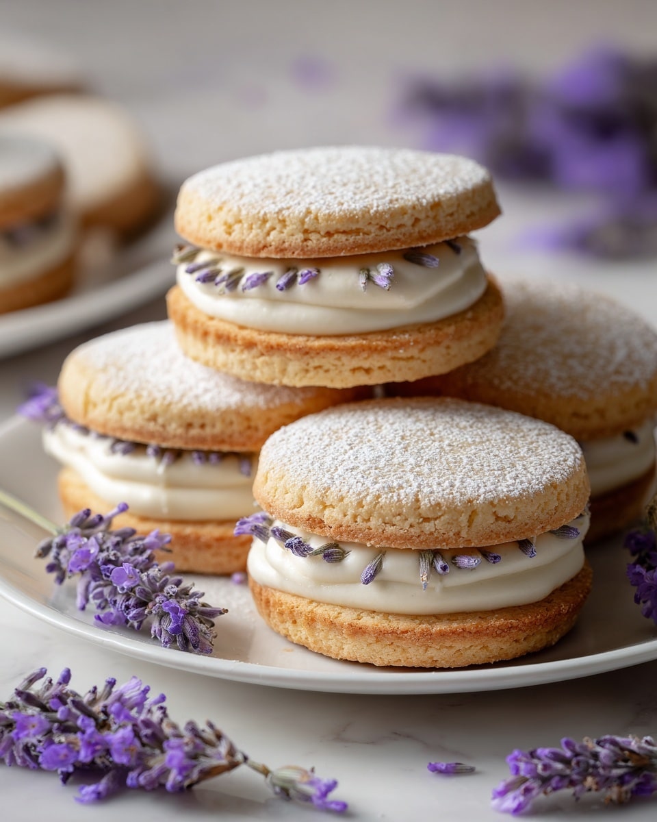 The image shows five sandwich cookies arranged on a white plate. Each cookie has three layers: two light yellow, soft-looking cookie discs with a smooth, creamy white filling in between. The filling contains small bits of dried purple flowers scattered throughout. The tops of the cookies are dusted with fine white powdered sugar. Around the cookies on the plate, there are small sprigs of dried purple flowers. The plate sits on a wooden surface with a blurred background that includes more flowers and additional cookies. Photo taken with an iphone --ar 4:5 --v 7