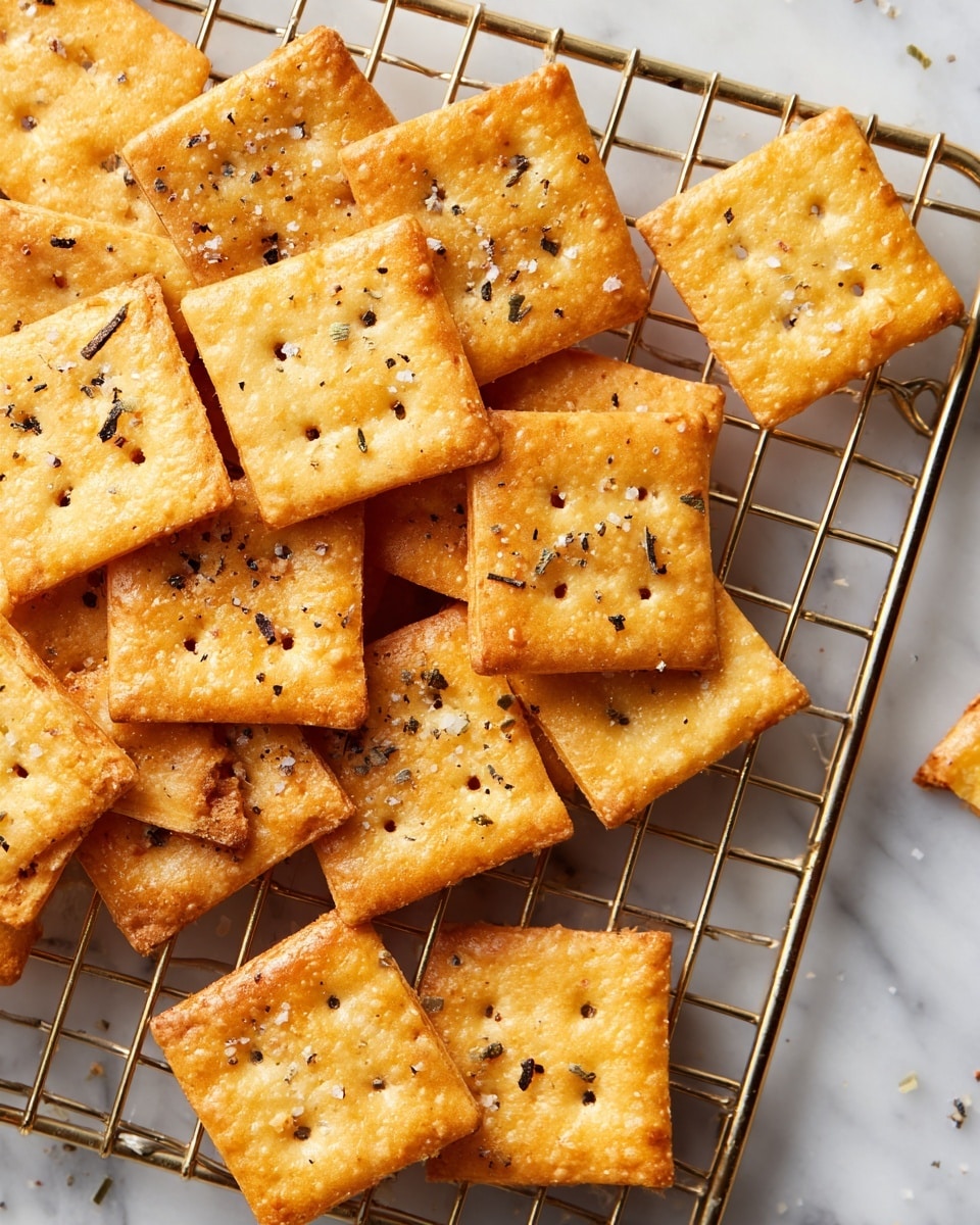 This image shows a cooling rack filled with thin, square crackers that are golden brown with slightly darker edges, giving them a crispy look. The crackers have small black seeds evenly spread on top and tiny holes in a grid pattern across their surface. They are arranged loosely with some overlapping, all resting on a metal wire rack. The background is a white marbled texture that contrasts softly with the warm color of the crackers. photo taken with an iphone --ar 4:5 --v 7