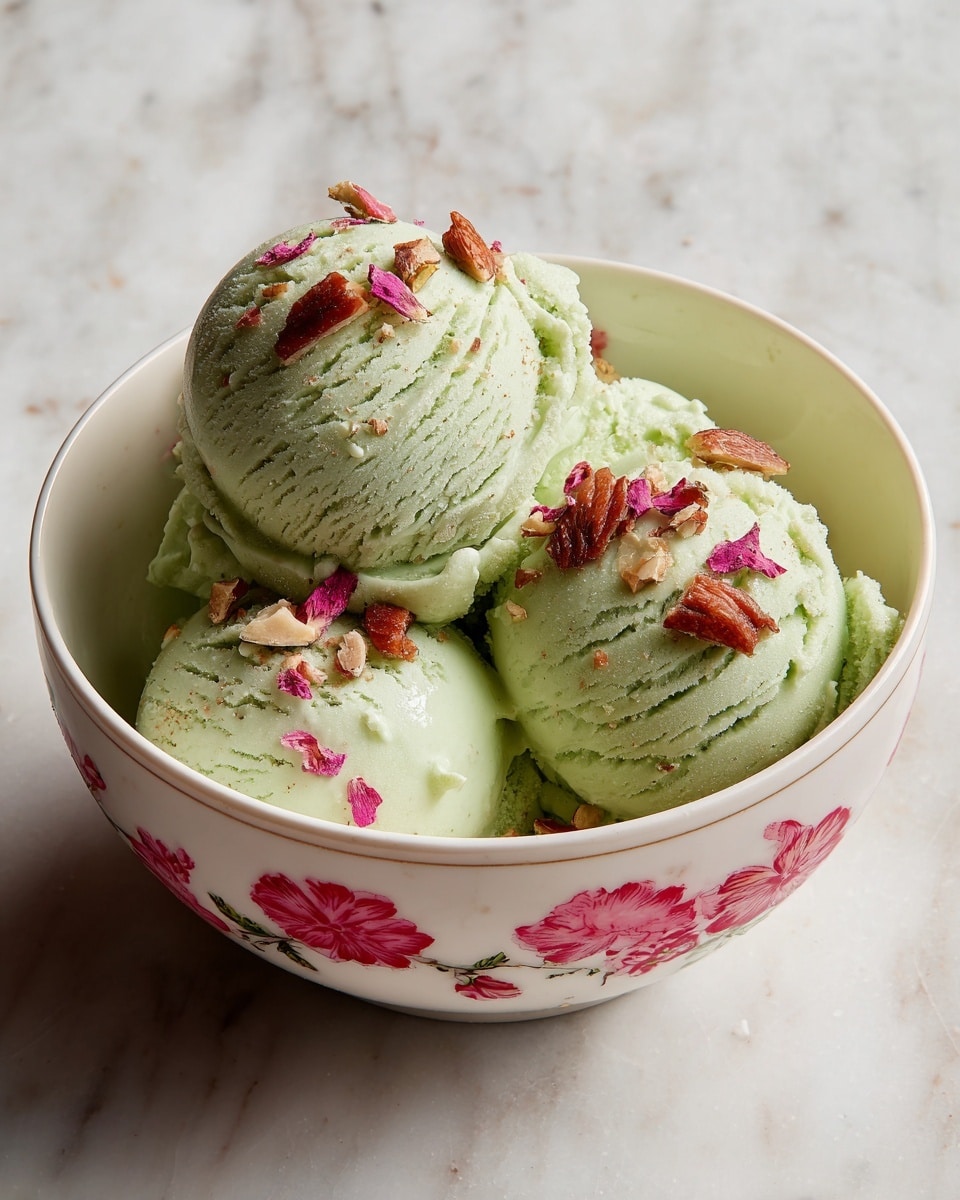 A white bowl with pink and red flower patterns holds three large scoops of pale green ice cream that appear creamy and smooth. The ice cream is decorated with small pieces of crushed pistachios and pink rose petals scattered on and around the scoops, adding texture and color contrast. Each scoop has fine ridges and slight melting edges, with a glossy drizzle of white sauce on top, enhancing its rich look. The bowl is set on a white marbled surface, and the background is softly blurred. photo taken with an iphone --ar 4:5 --v 7