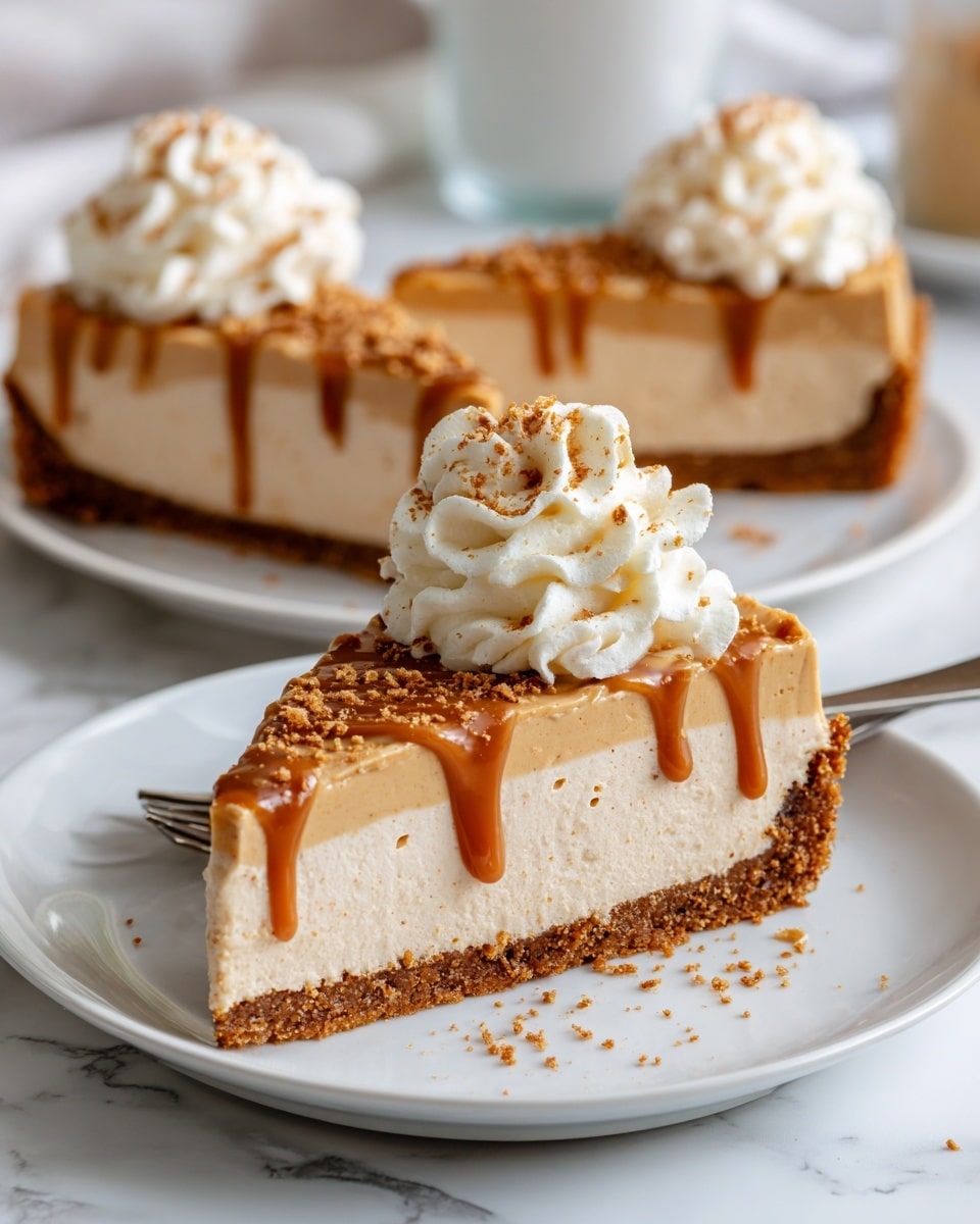The image shows slices of a creamy pie with three visible layers: a light brown crumbly crust at the bottom, a thick beige filling in the middle, and a smooth top layer drizzled with caramel sauce. Each slice is topped with a swirl of white whipped cream and sprinkled with a crumb topping. The pie slices are on a metal pie server over a white marbled surface with a few crumbs scattered around. Photo taken with an iphone --ar 4:5 --v 7