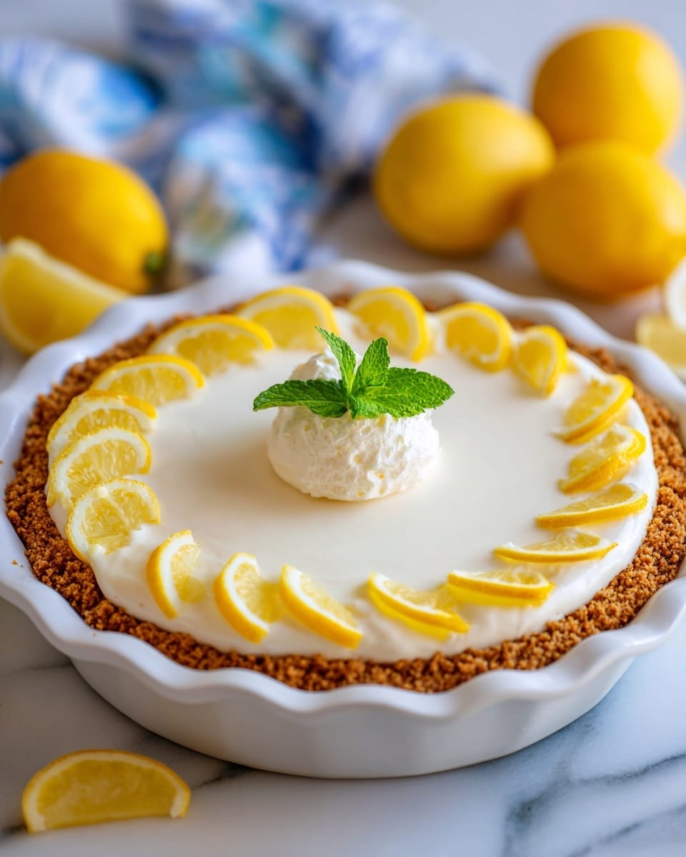 A lemon pie is shown in a white pie dish with three visible layers. The bottom layer is a golden-brown crumb crust with a rough texture. The middle layer is smooth white cream filling that covers the crumb crust evenly. The top layer is a thick layer of whipped cream, soft and fluffy, spread in a circular shape. Thin round lemon slices with a bright yellow color are placed in a ring on top of the whipped cream near the edge. In the center, there is a small cluster of fresh green mint leaves. The pie sits on a white marbled surface with whole lemons around. photo taken with an iphone --ar 4:5 --v 7