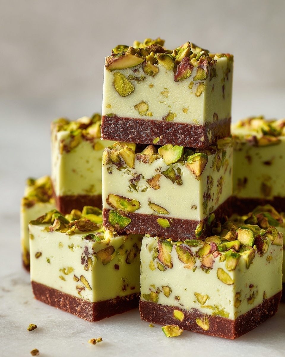 The image shows several square pieces of a two-layer dessert stacked together on a white marbled surface. The bottom layer is dark brown and smooth with small chunks of pistachio nuts embedded inside. The top layer is thick, pale green, and creamy, with a few whole pistachio nuts decorating the surface. Each piece is neatly cut with sharp edges, and the colors contrast well between the green top and the dark brown bottom. Photo taken with an iphone --ar 4:5 --v 7