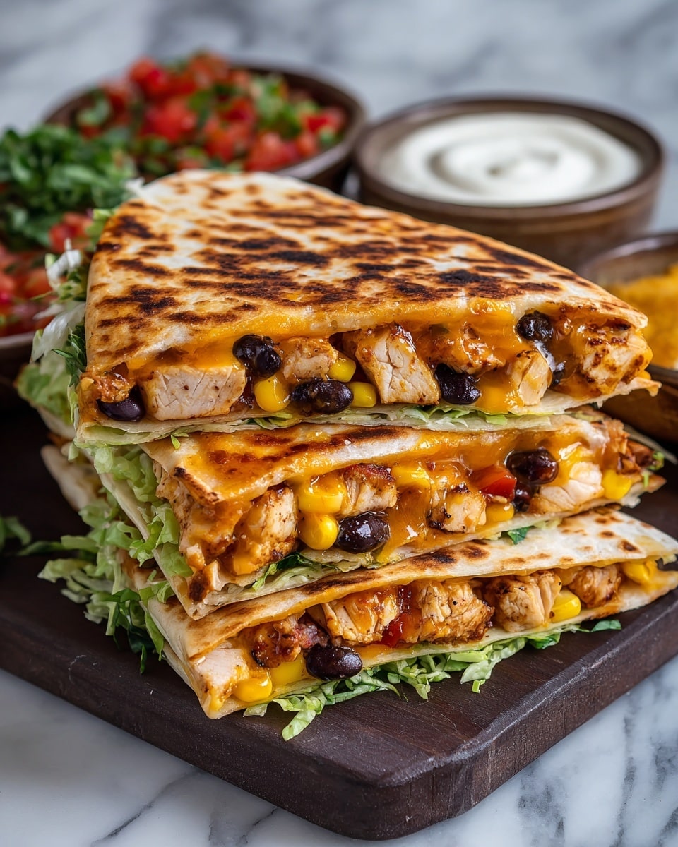 The image shows a stack of three grilled chicken and black bean quesadillas cut into triangles on a brown board. Each quesadilla has a golden-brown grilled tortilla layer on the outside. Inside, there are layers of cooked chicken pieces, black beans, corn, shredded lettuce, melted cheddar cheese, and small red bell pepper chunks, with the ingredients evenly spread. To the front left, there is a small white bowl filled with sour cream and another bowl with fresh red salsa made of chopped tomatoes and herbs. The background is a white marbled texture, and a blurred orange drink is in the background. Photo taken with an iphone --ar 4:5 --v 7