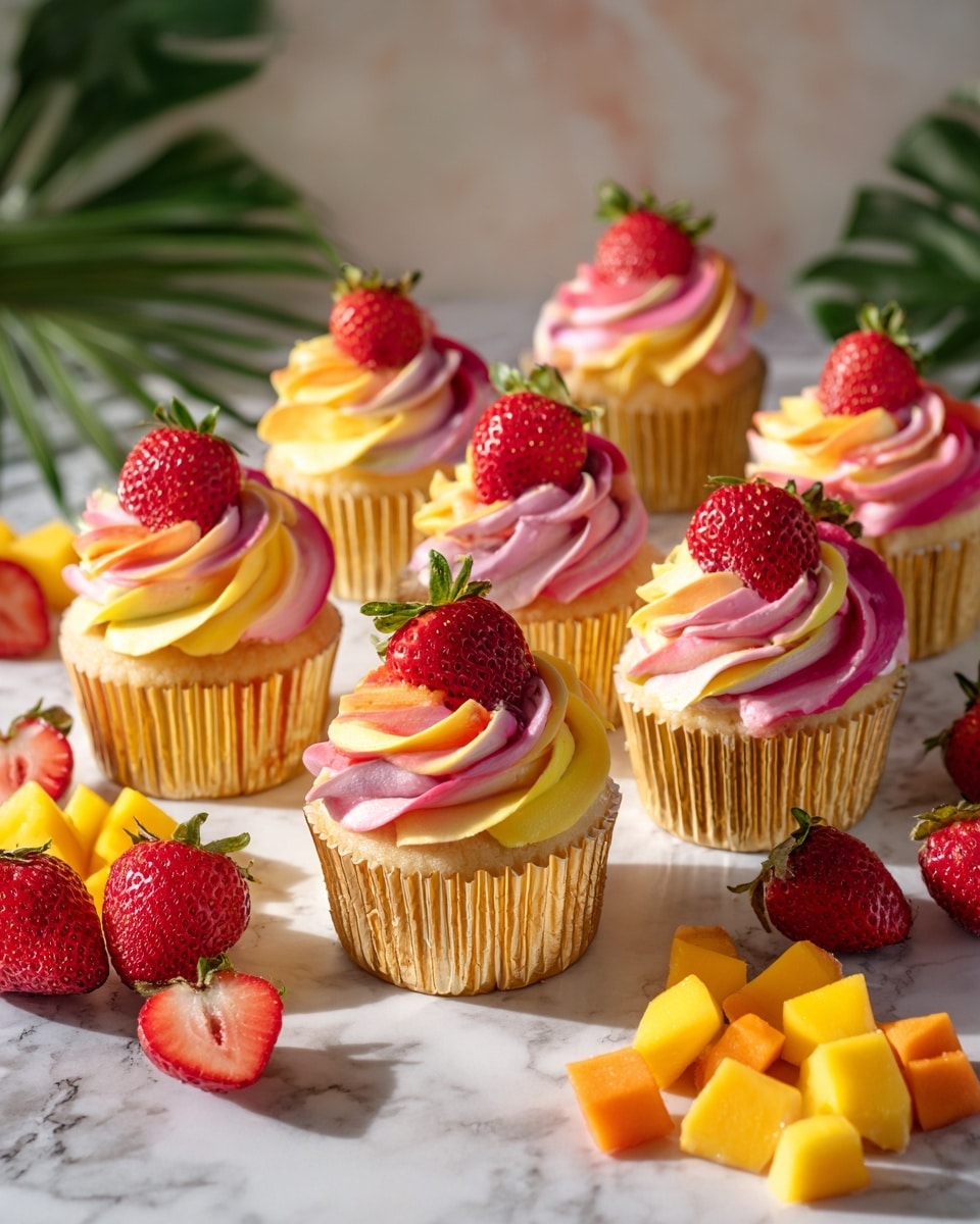 The image shows eight cupcakes with two-color swirled frosting in shades of pink and yellow piled high in a spiral. Each cupcake has a golden cupcake liner, and a fresh red strawberry half with the green stem is placed on top of the frosting. Around the cupcakes are whole strawberries, strawberry halves, and small yellow mango cubes, including one mango cut in a grid pattern. The setting is a white marbled surface with some blurred green leaves in the background. The colors are bright and warm with soft lighting giving a fresh, inviting look. Photo taken with an iphone --ar 4:5 --v 7