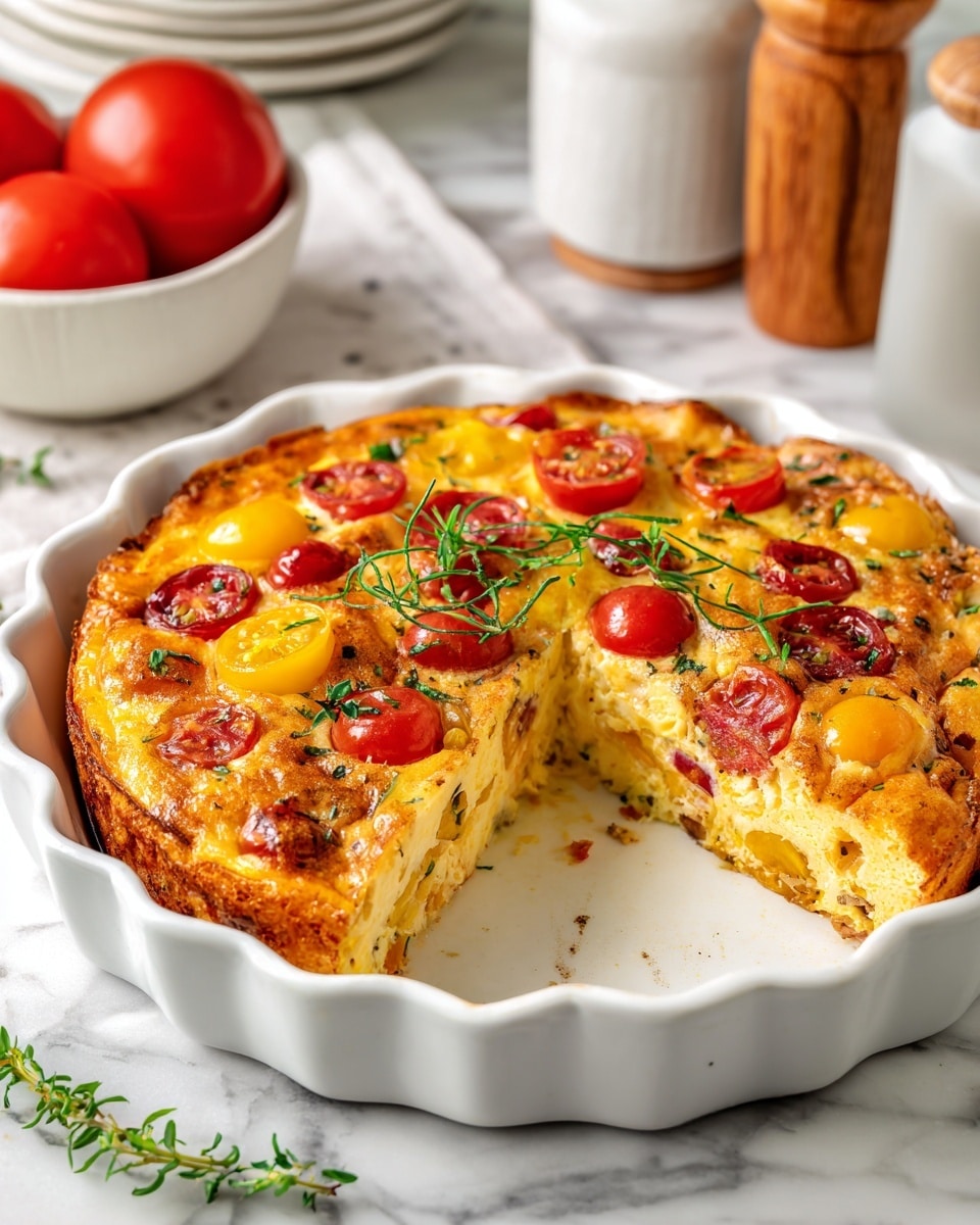 A golden-brown quiche with a slightly crispy top, baked in a white round dish with fluted edges. The quiche is layered with whole yellow cherry tomatoes, red cherry tomatoes, and small green herb leaves scattered on top. One wedge is missing, revealing a soft and fluffy creamy interior with bits of herbs and finely chopped vegetables inside. The dish is placed on a white marbled surface with faint floral decoration in the foreground and a blurred background showing a white lidded jar and a stack of white plates with two red tomatoes. Photo taken with an iphone --ar 4:5 --v 7