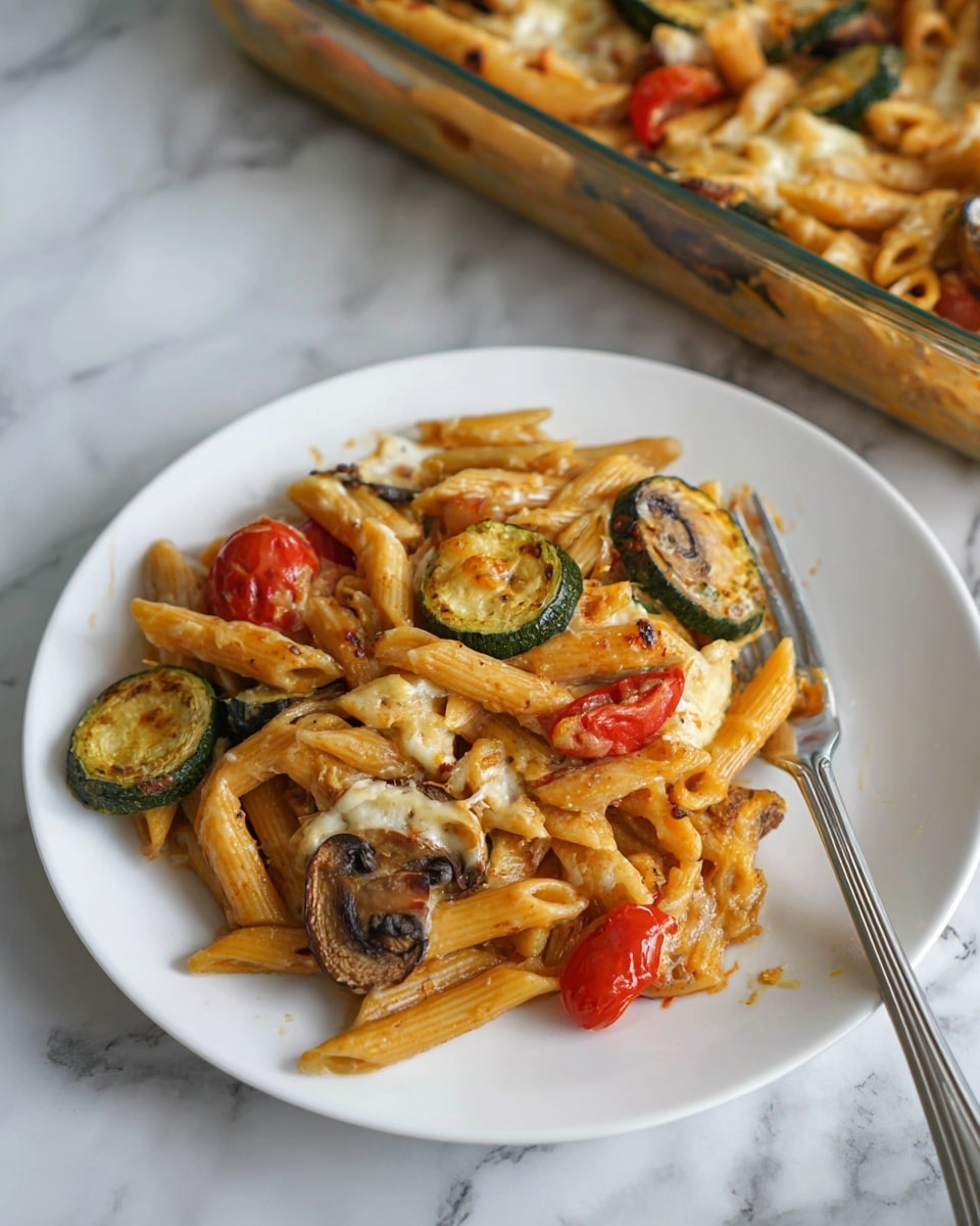 The image shows a white plate with a pasta dish made of several layers mixed together. The base layer consists of cooked penne pasta coated in a light reddish-brown sauce. Mixed within the pasta are slices of green zucchini and halved bright red cherry tomatoes, adding color and texture. There are also thin slices of brown mushrooms scattered through the dish. The surface has some melted cheese giving a slightly creamy look, blending the ingredients together. A silver fork rests at the edge of the plate on a white marbled textured surface, with a partially visible glass baking dish filled with more of the pasta seen in the background. photo taken with an iphone --ar 4:5 --v 7
