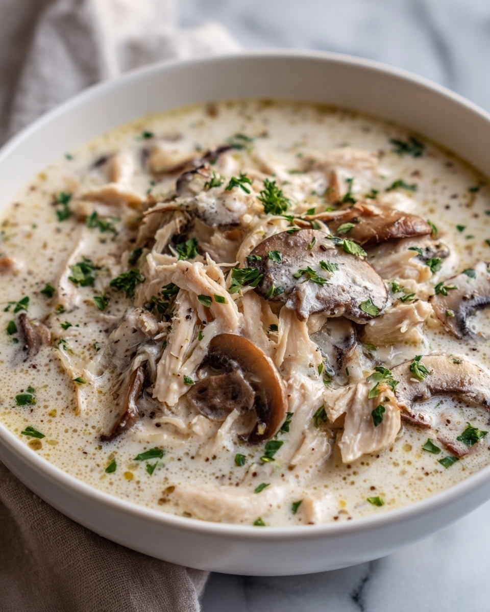 The image shows a close-up of a bowl filled with creamy chicken and mushroom soup. The soup has thick, off-white cream with light brown mushroom slices and shredded chicken pieces mixed throughout. Small green herbs are sprinkled on top, adding a touch of color. The soup fills the bowl nearly to the top, and the bowl itself is white. The background is a white marbled texture, and the photo has soft natural light highlighting the smooth texture of the soup. Photo taken with an iphone --ar 4:5 --v 7