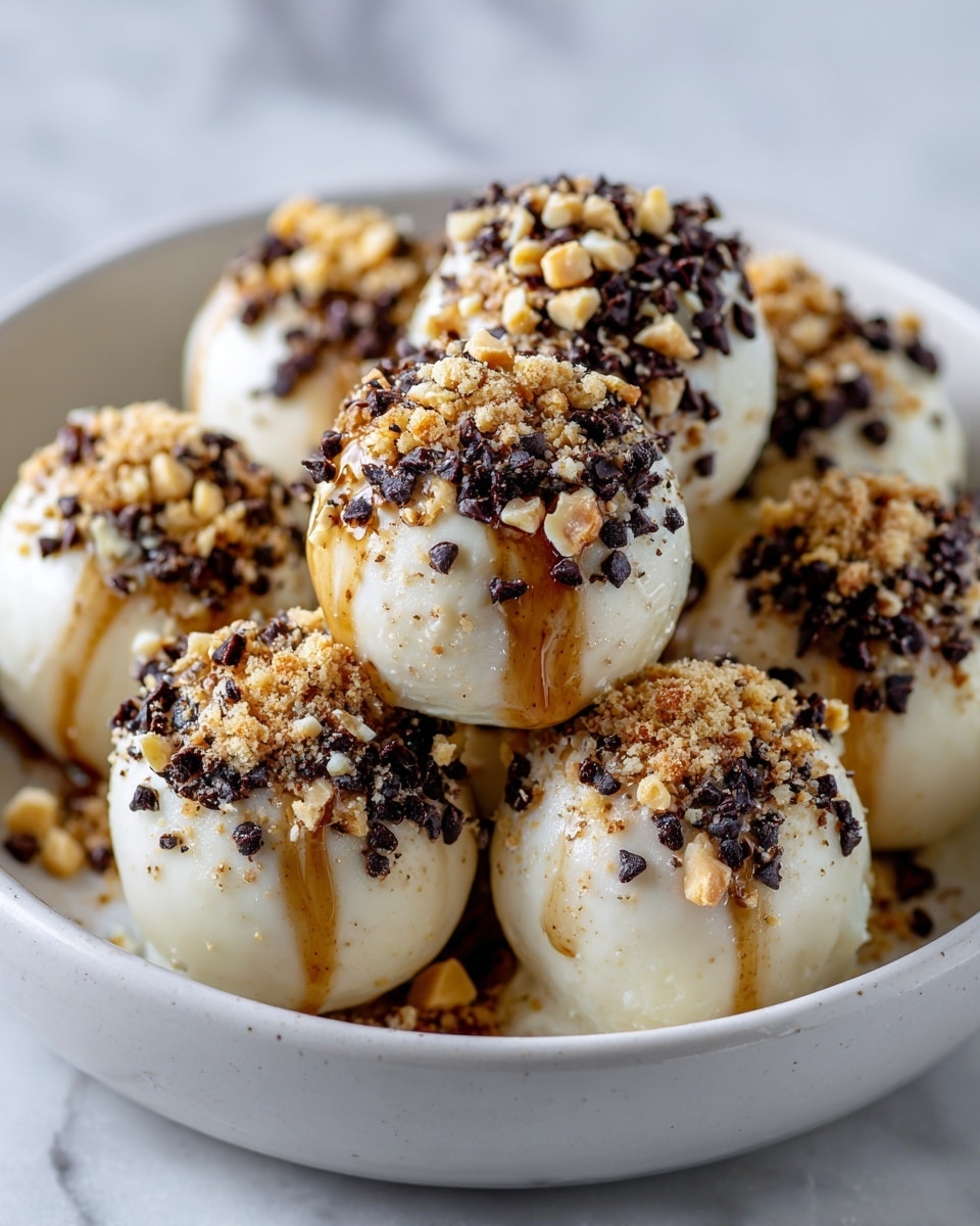 A white bowl filled with round dessert balls, each with a smooth white outer layer. The tops of the balls are covered with a mix of small dark chocolate chips, crushed peanuts, and crumbs, creating a rough texture. A light brown syrup or sauce is drizzled over each ball, adding a glossy finish. The balls are tightly arranged, with some stacked on top of others, all sitting on a white marbled surface. Photo taken with an iphone --ar 4:5 --v 7