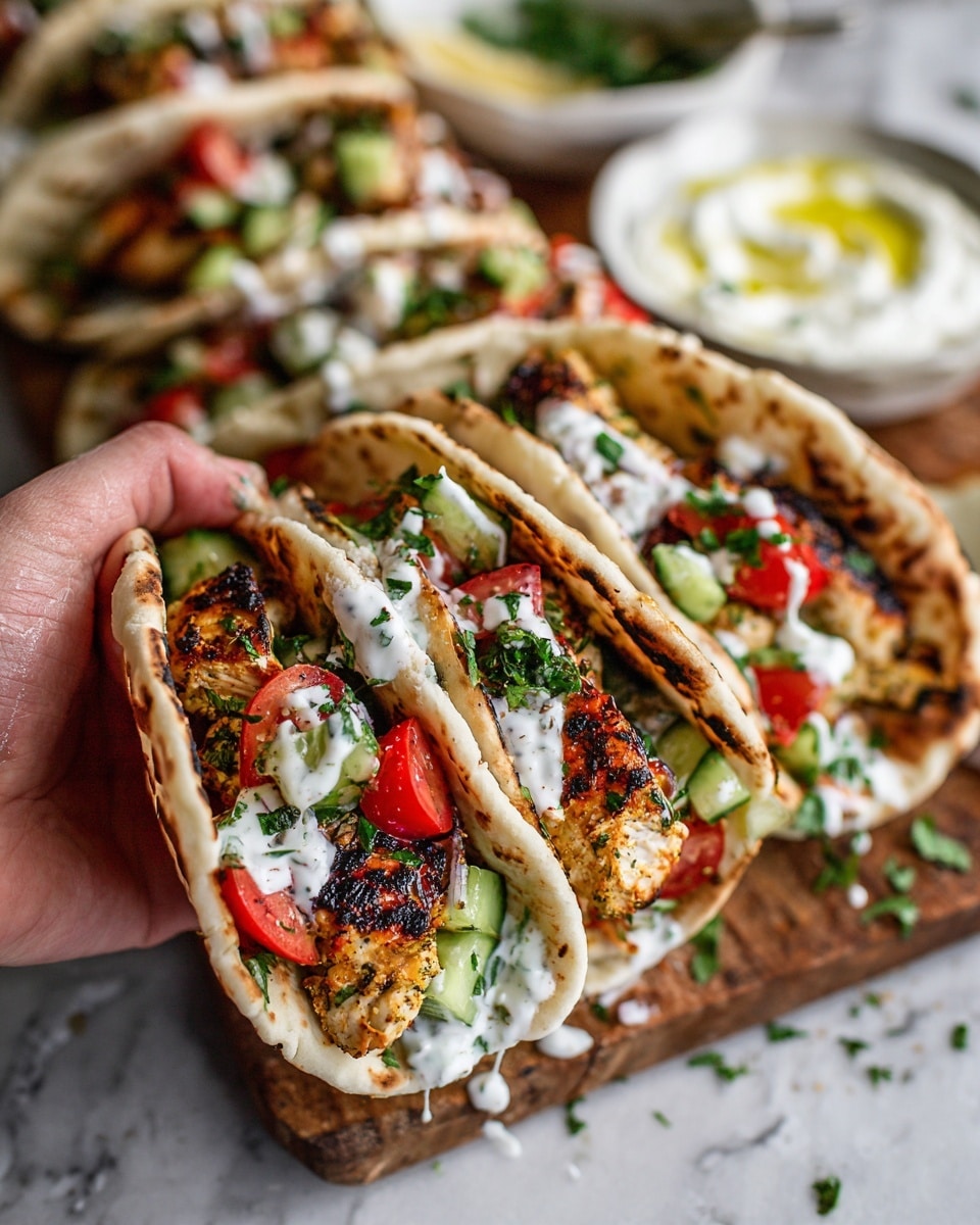 A close-up view of two soft white grilled flatbreads, each folded in half and filled with layers starting with golden brown, charred grilled chicken pieces, topped with chopped bright red tomatoes and fresh green cucumber cubes, then drizzled generously with creamy white sauce speckled with green herbs. The flatbreads have light brown toasted spots, and the tacos are held by a woman's hand over a white marbled surface, with a white bowl containing a light dip blurred in the background. Photo taken with an iphone --ar 4:5 --v 7